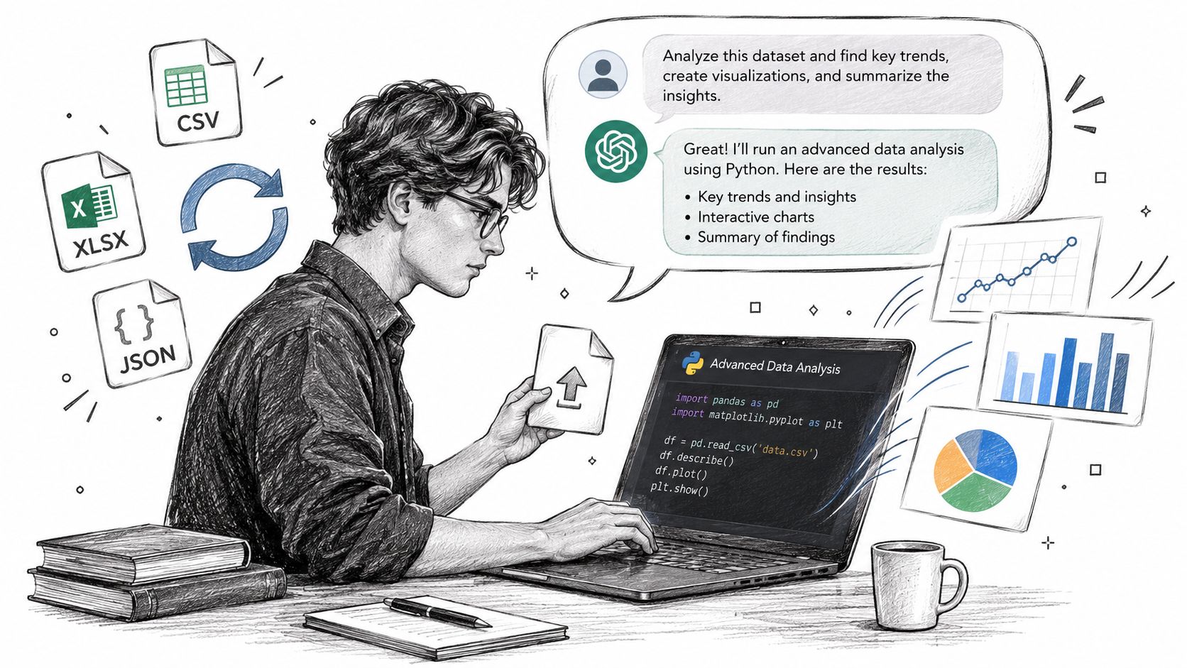 A person using ChatGPT on a laptop for advanced data analysis with various file formats like CSV.
