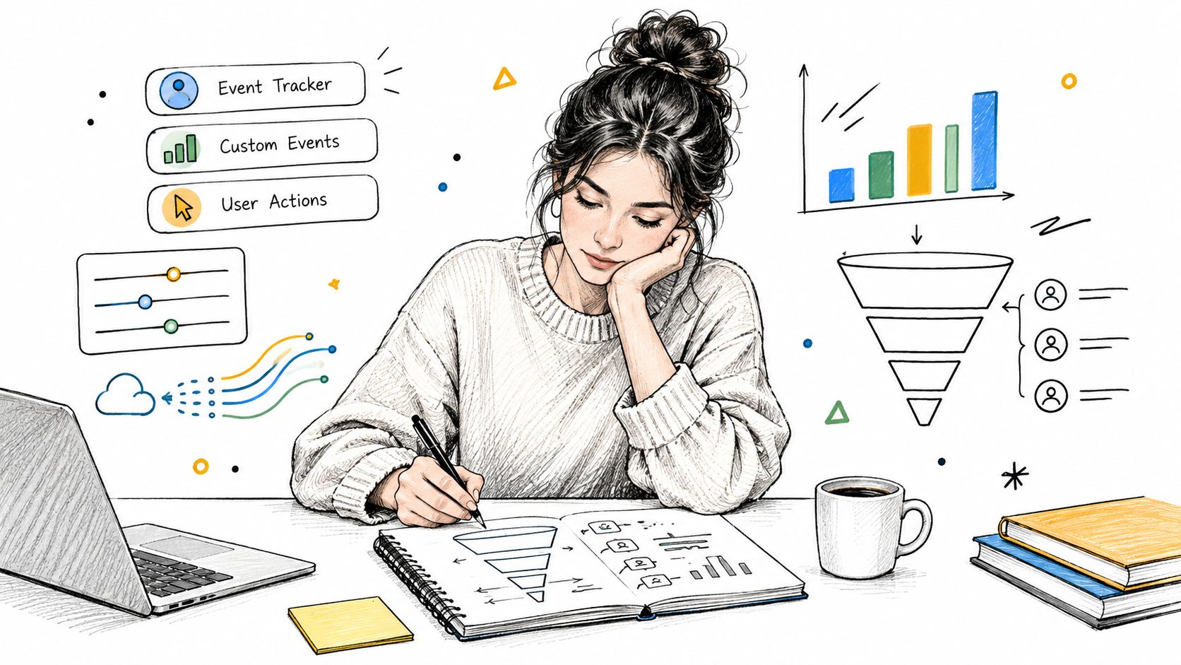 A young woman diligently drawing digital analytics charts and product marketing funnels in her notebook at a desk.