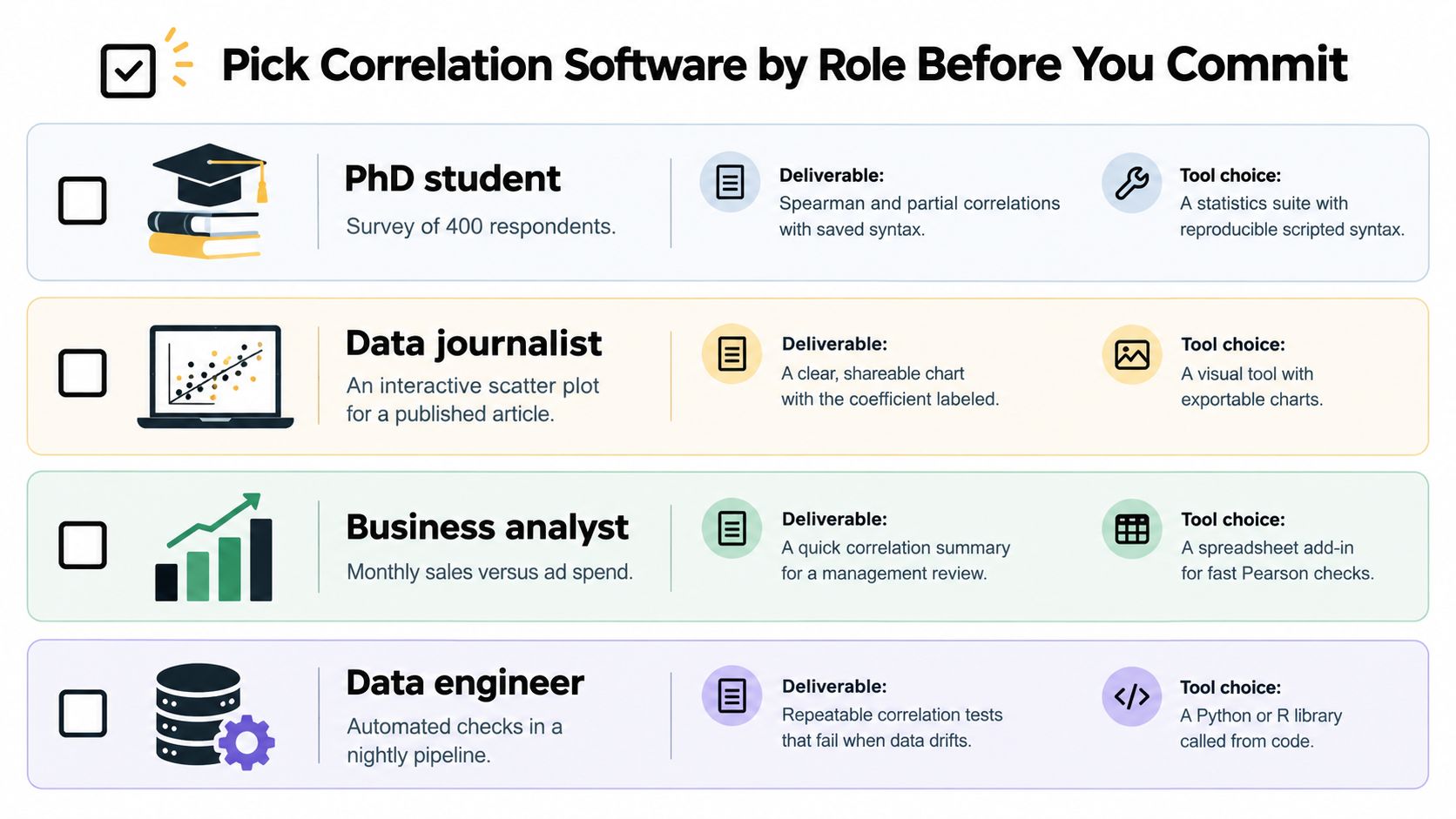 A guide infographic suggesting different correlation analysis software tools tailored to specific roles like students, journalists, and engineers.