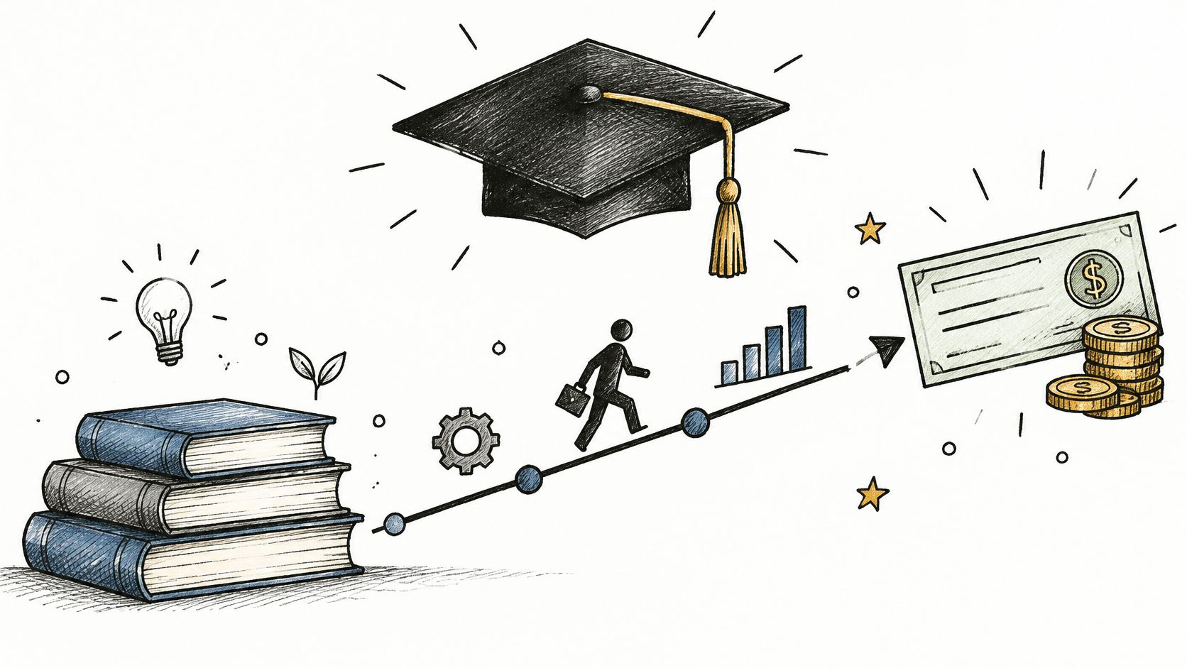 A hand-drawn illustration depicting education, career growth, and financial success through learning and professional development.