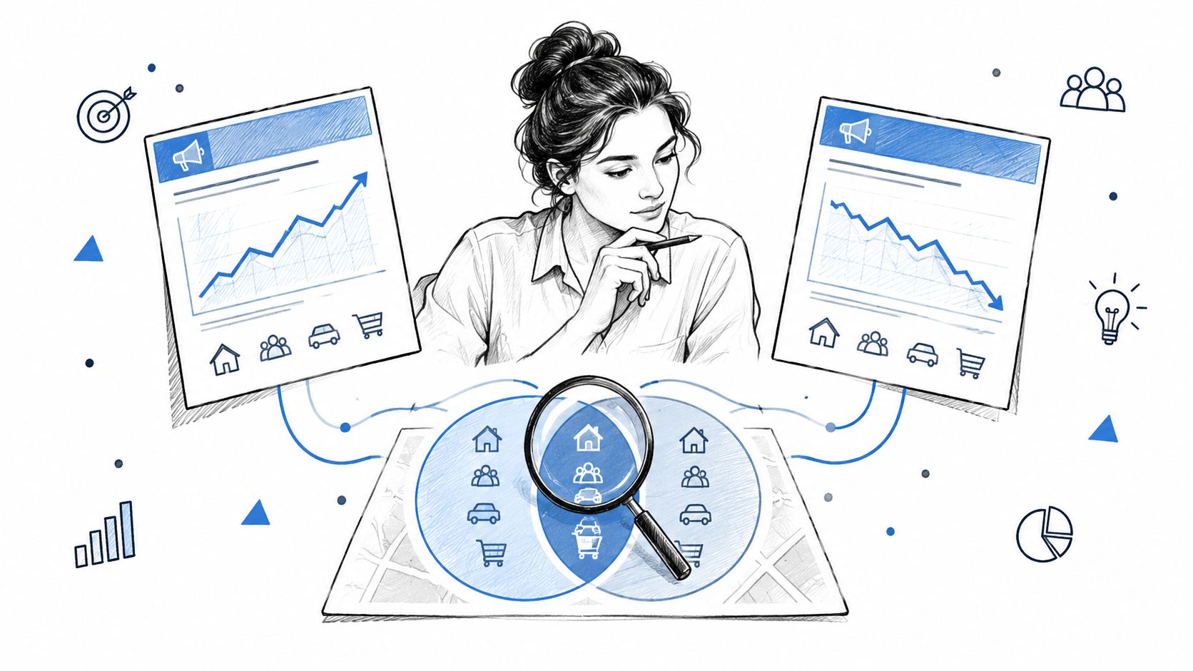 A businesswoman analyzing data trends from two different sources using a magnifying glass over a Venn diagram.