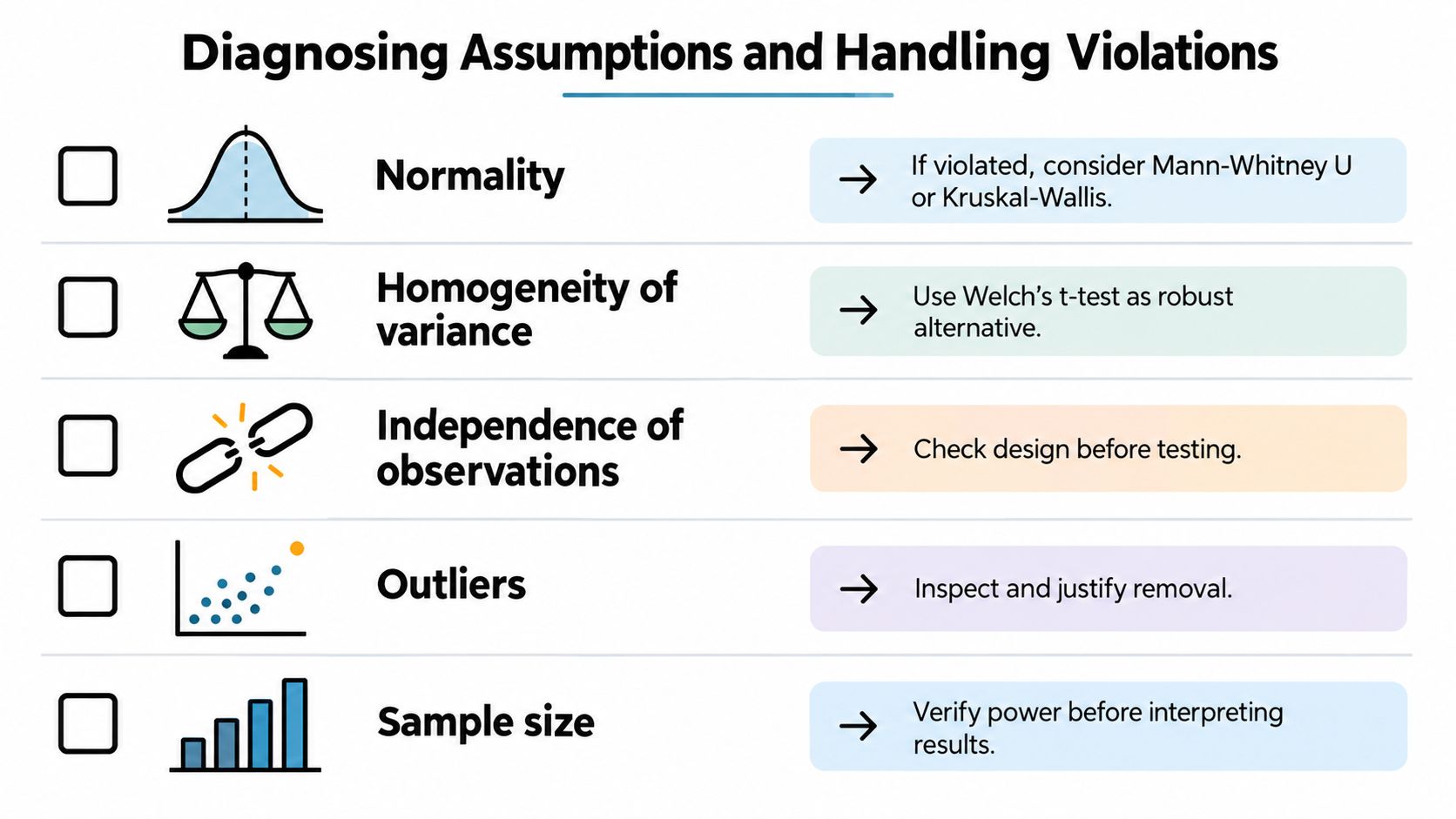 A chart detailing methods for diagnosing statistical assumptions and handling violations in research data analysis.