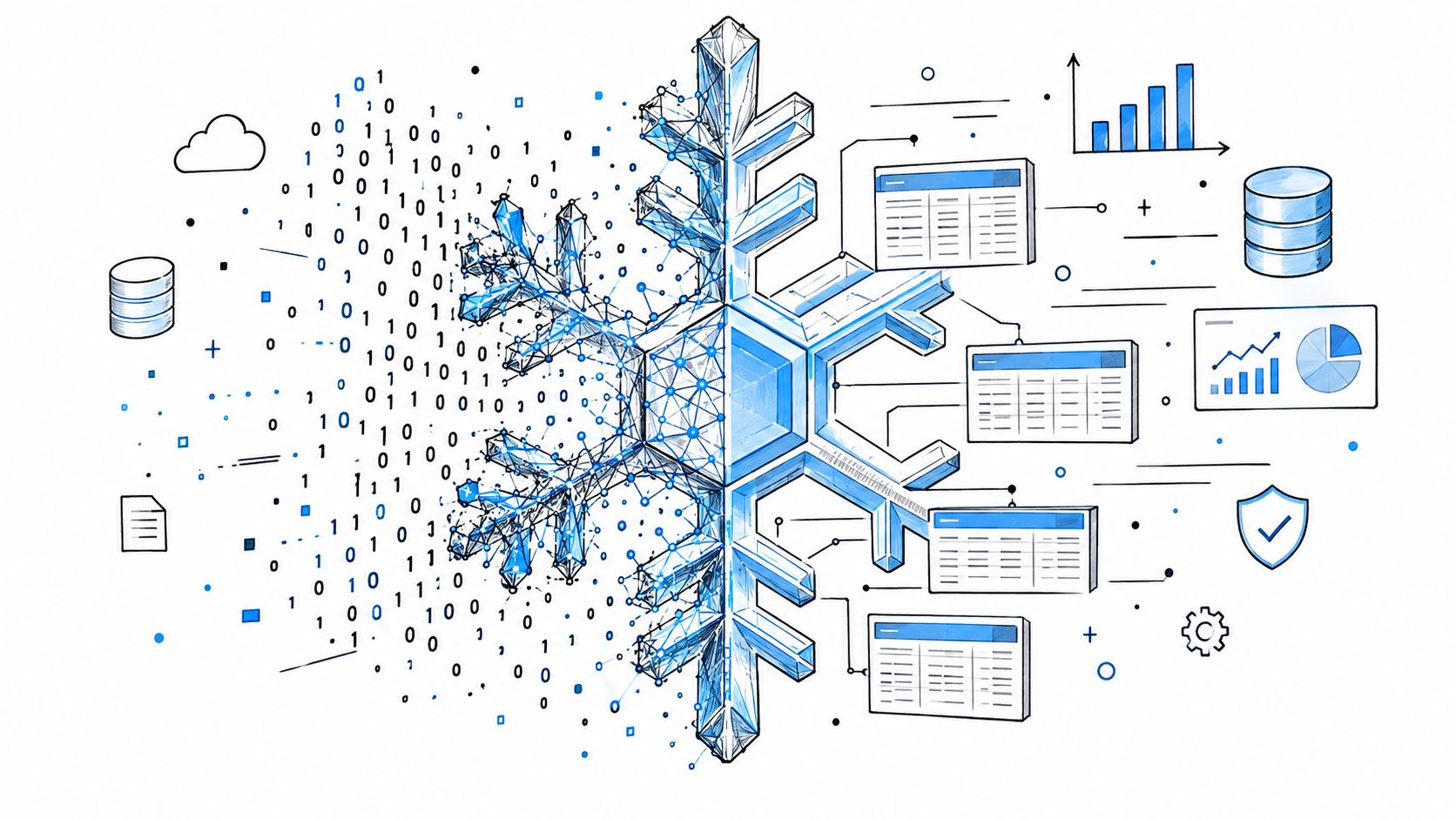 A digital illustration showing a snowflake symbol connecting raw binary data streams to structured data tables and analytics.