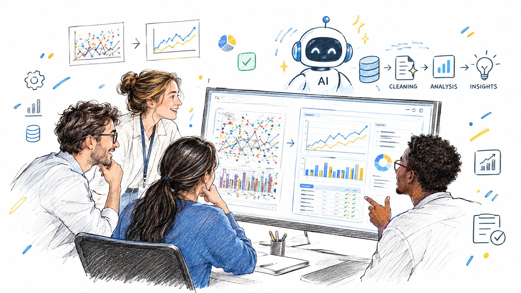 A team of diverse colleagues collaboratively analyzing data insights on a large digital monitor in an office.