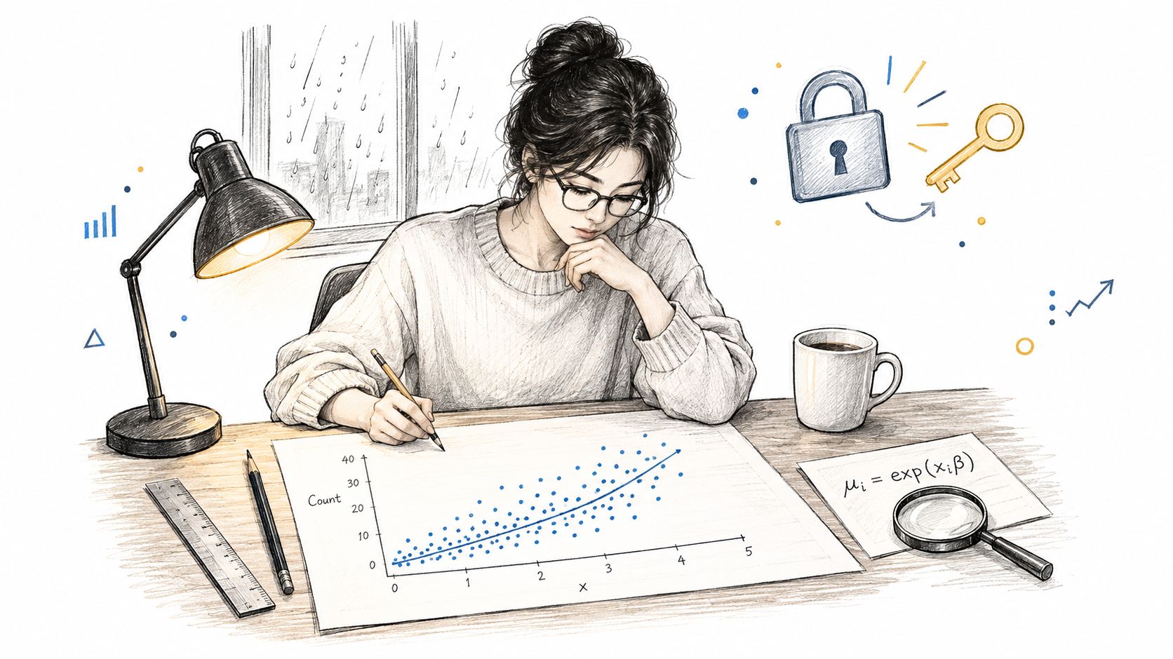 A student studying Poisson regression models while working on a data visualization chart at a desk.