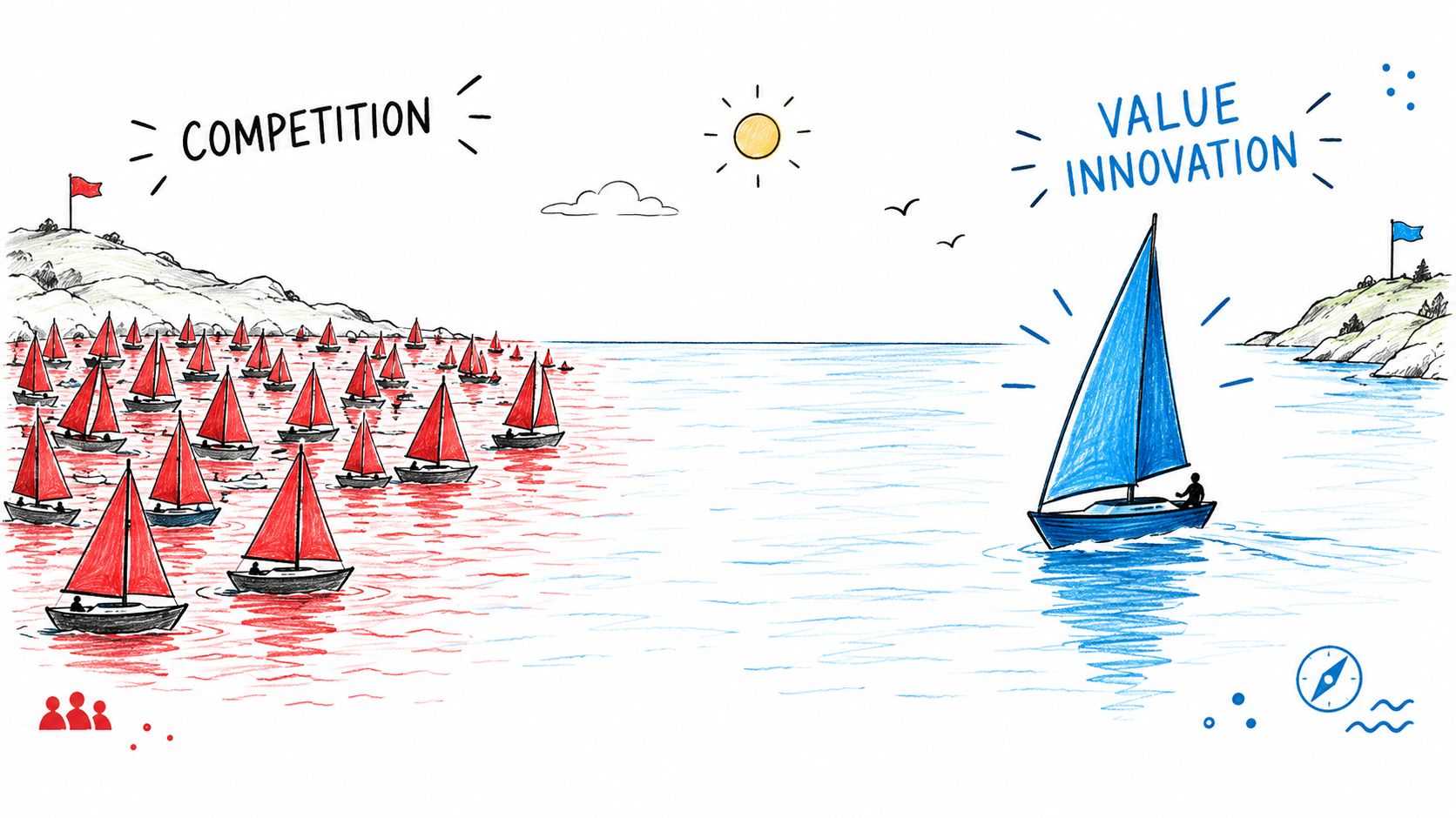 A hand-drawn illustration contrasting a crowded red ocean of competition with a solitary blue ocean of innovation.