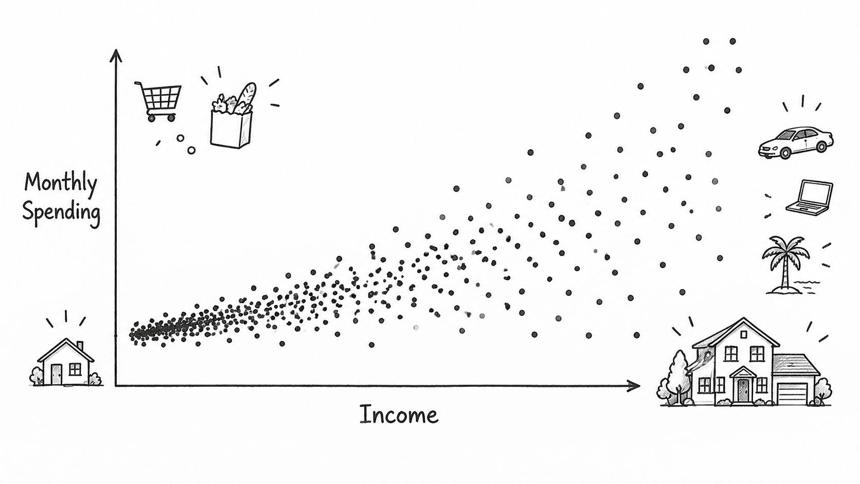 A scatter plot illustration demonstrating heteroscedasticity with increasing variance of spending data points relative to income.
