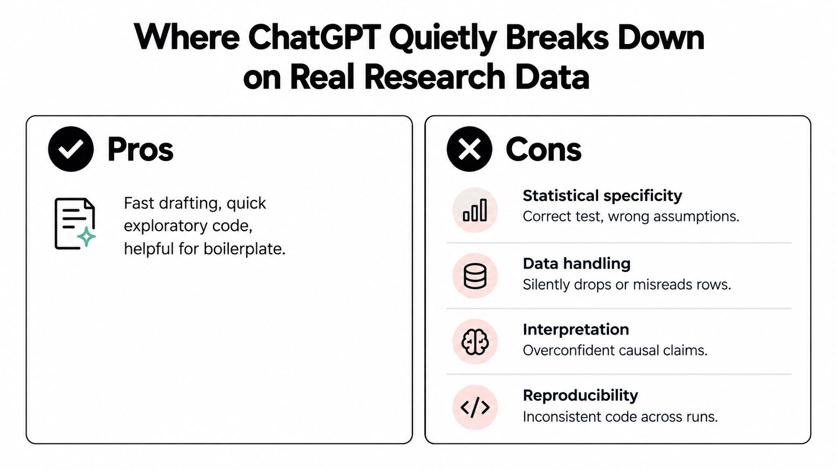 A comparison chart showing the pros and cons of using ChatGPT for real research data analysis tasks.