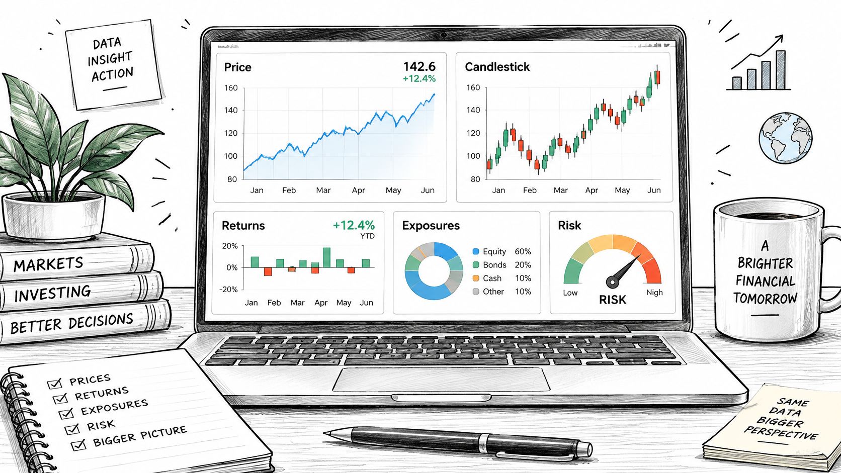 A hand-drawn illustration showing a laptop displaying various financial charts, analytical graphs, and business notes on a desk.