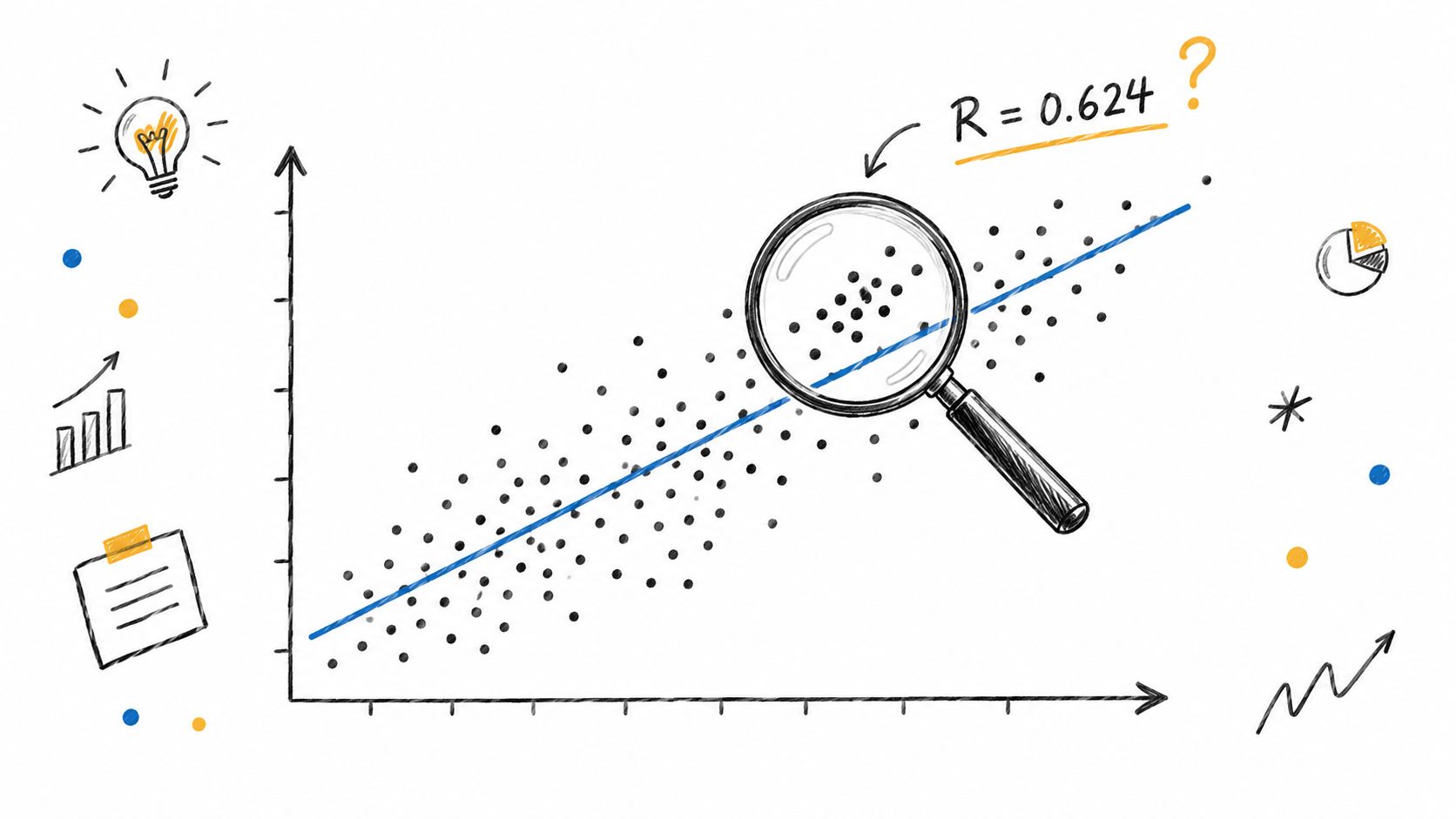 A hand-drawn illustration showing a scatter plot with a regression line and a magnifying glass focus.