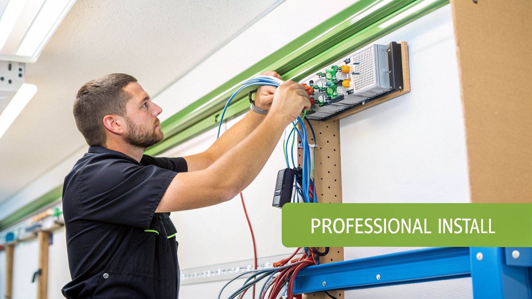 Professional technician meticulously connecting colorful wires to an electronic system on a wall.