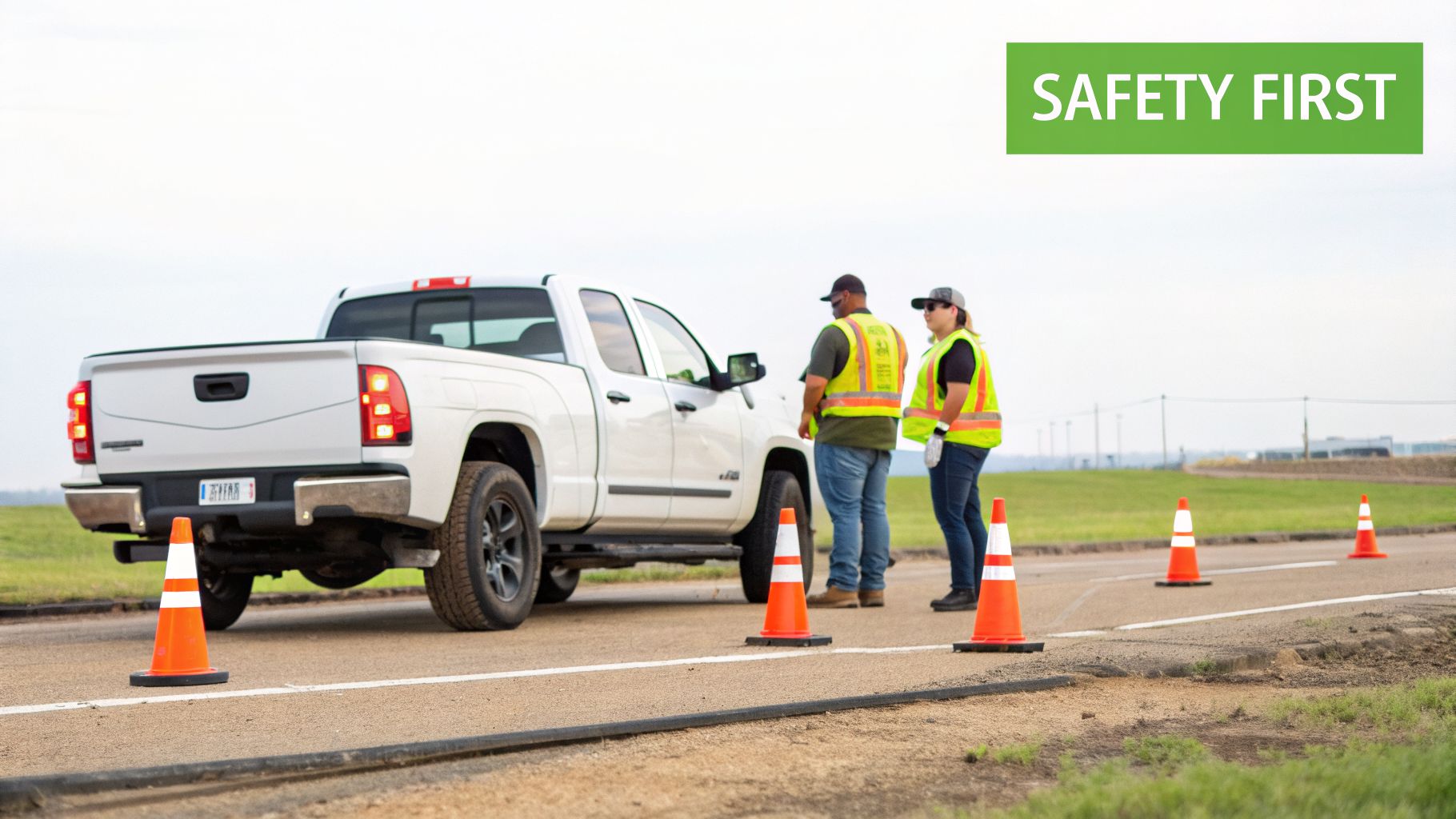 Two workers in safety vests stand near a white pickup truck with traffic cones on a road, emphasizing safety.