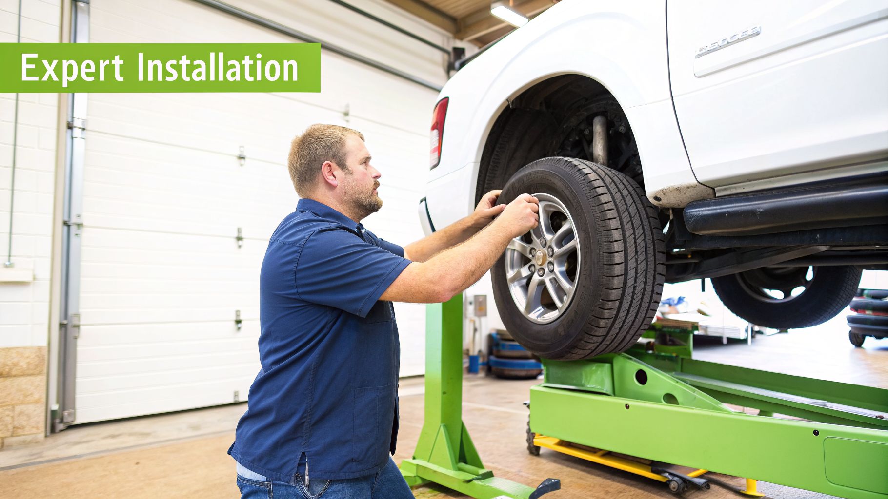A skilled mechanic expertly installing a tire on a white SUV, elevated on a green car lift in a clean garage.