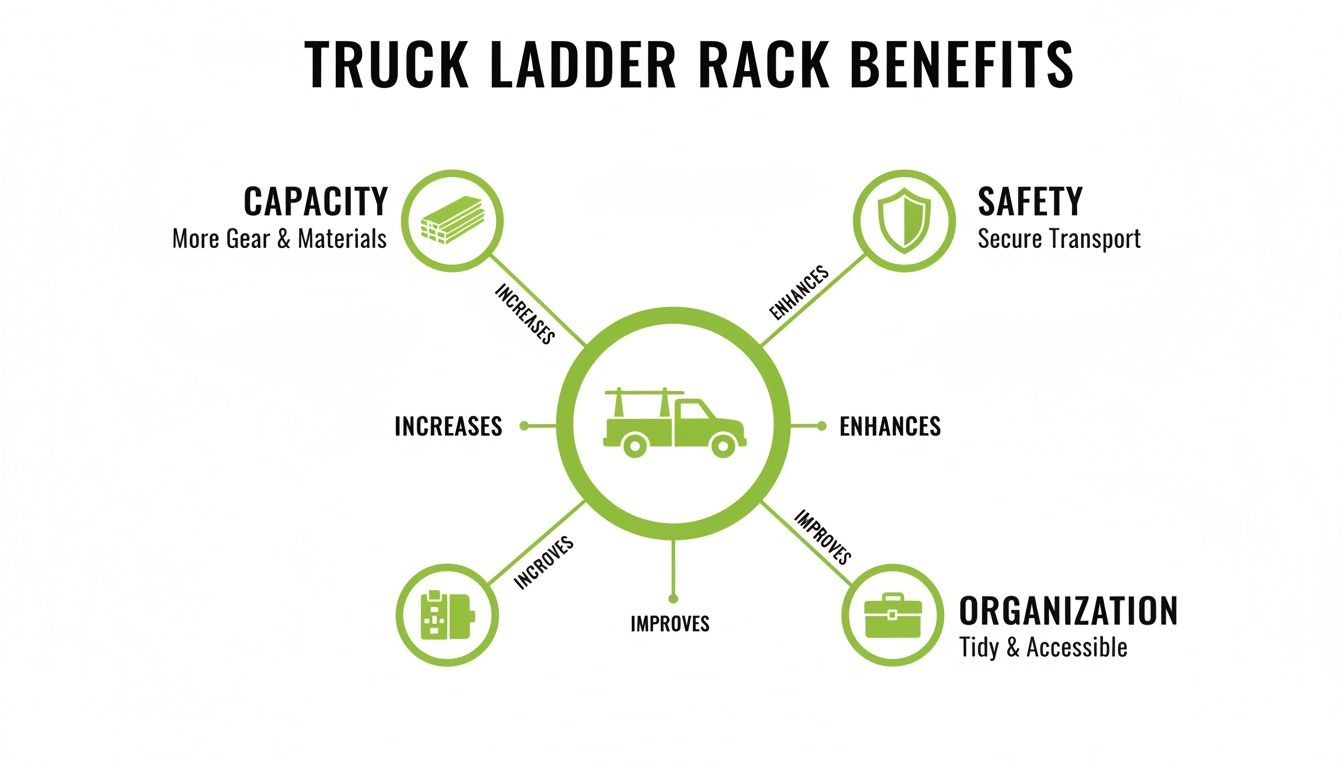 Diagram illustrating the benefits of a truck ladder rack, including increased capacity, enhanced safety, and improved organization.