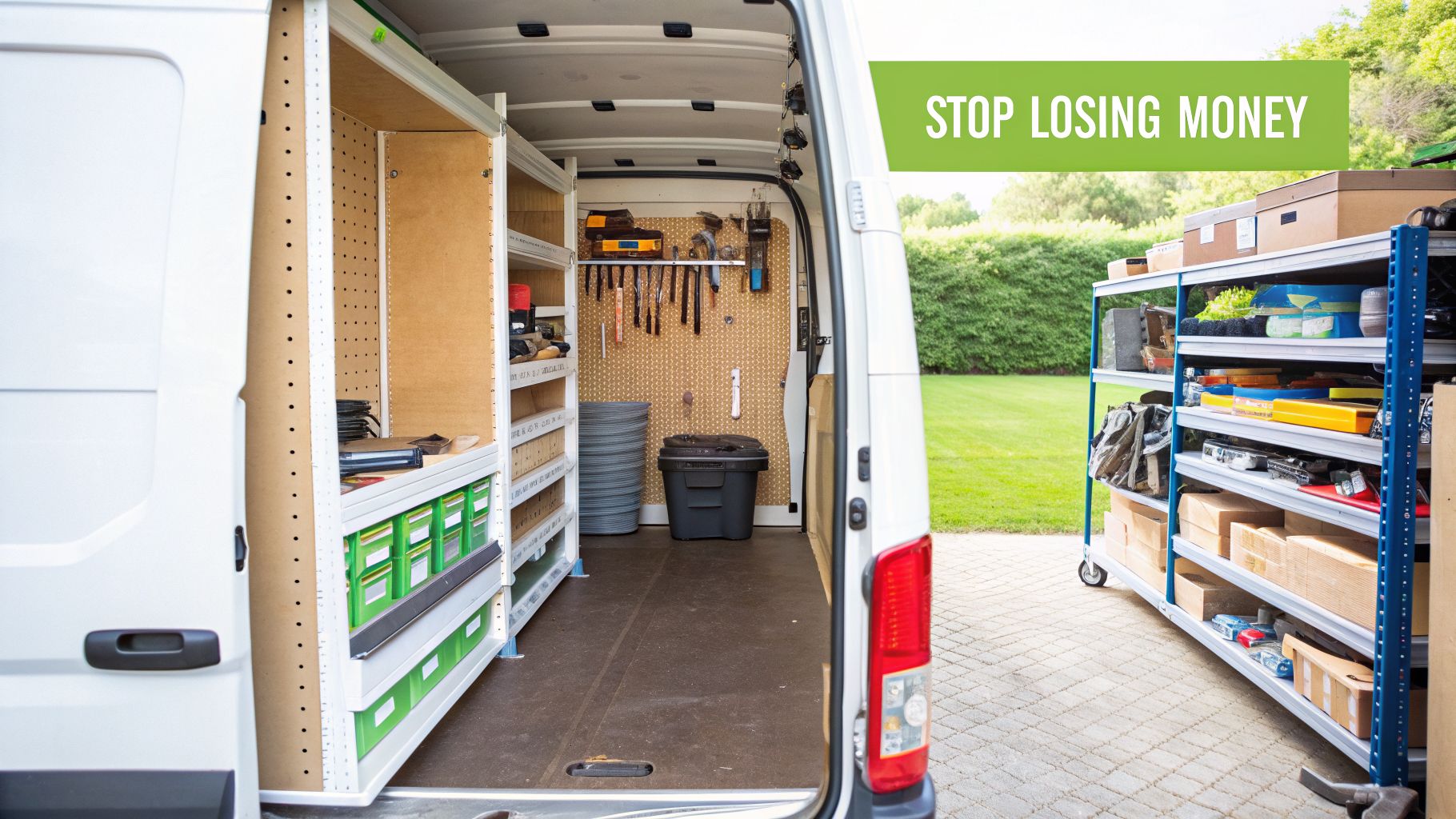 Interior of a white work van with organized shelving, tools, and green storage bins, next to outdoor shelves.