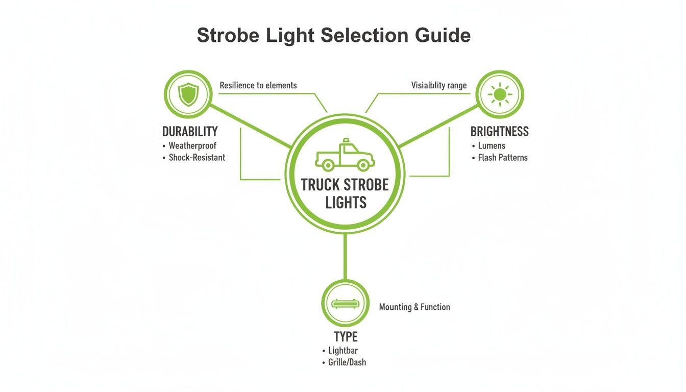 Infographic showing a strobe light selection guide for trucks, covering durability, brightness, and light types.