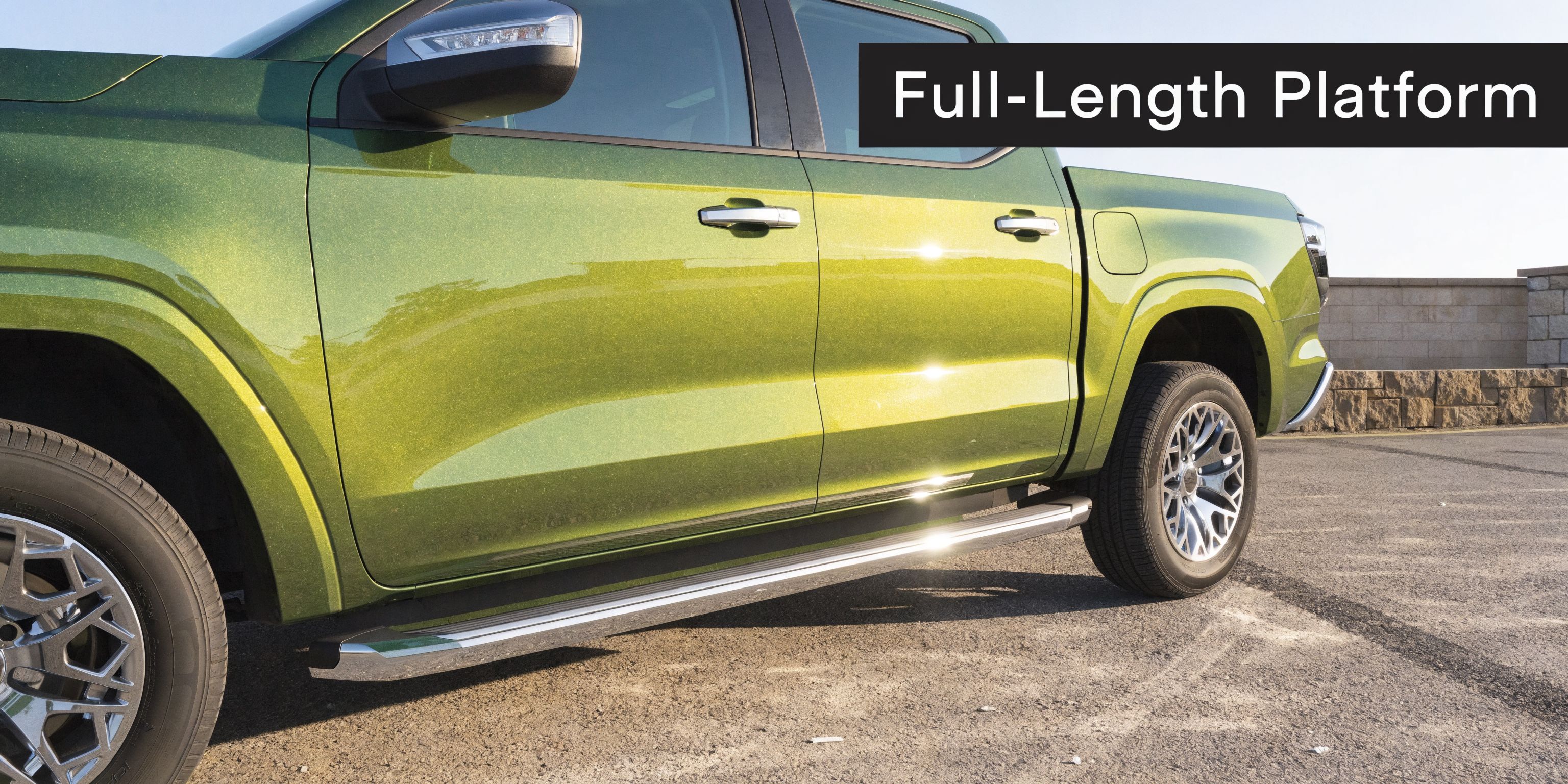 A sleek, metallic lime green pickup truck featuring a polished chrome full-length running board for easy vehicle access.