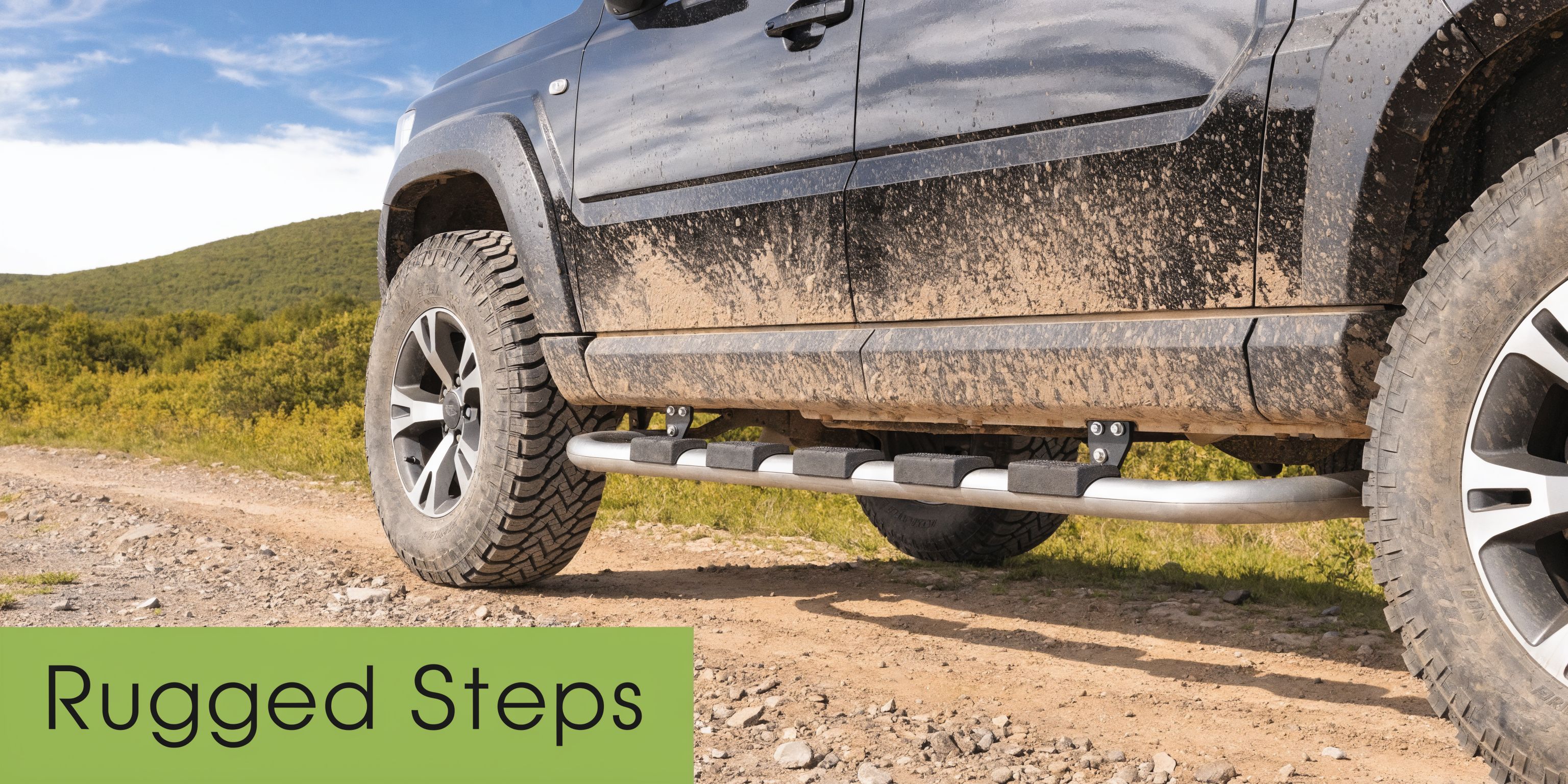 A close-up view of a muddy off-road vehicle with rugged side step bars mounted beneath it.