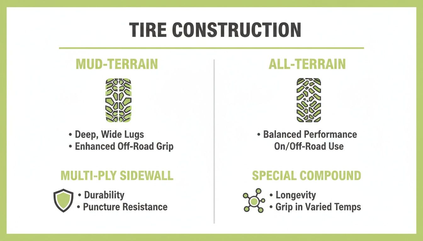 Infographic comparing Mud-Terrain and All-Terrain tire construction, detailing features like lugs, sidewall, and compounds.