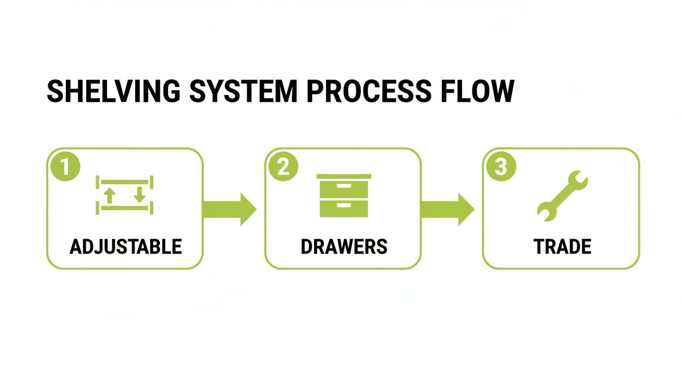 A shelving system process flow illustrating adjustable shelves, drawers, and trade tools.