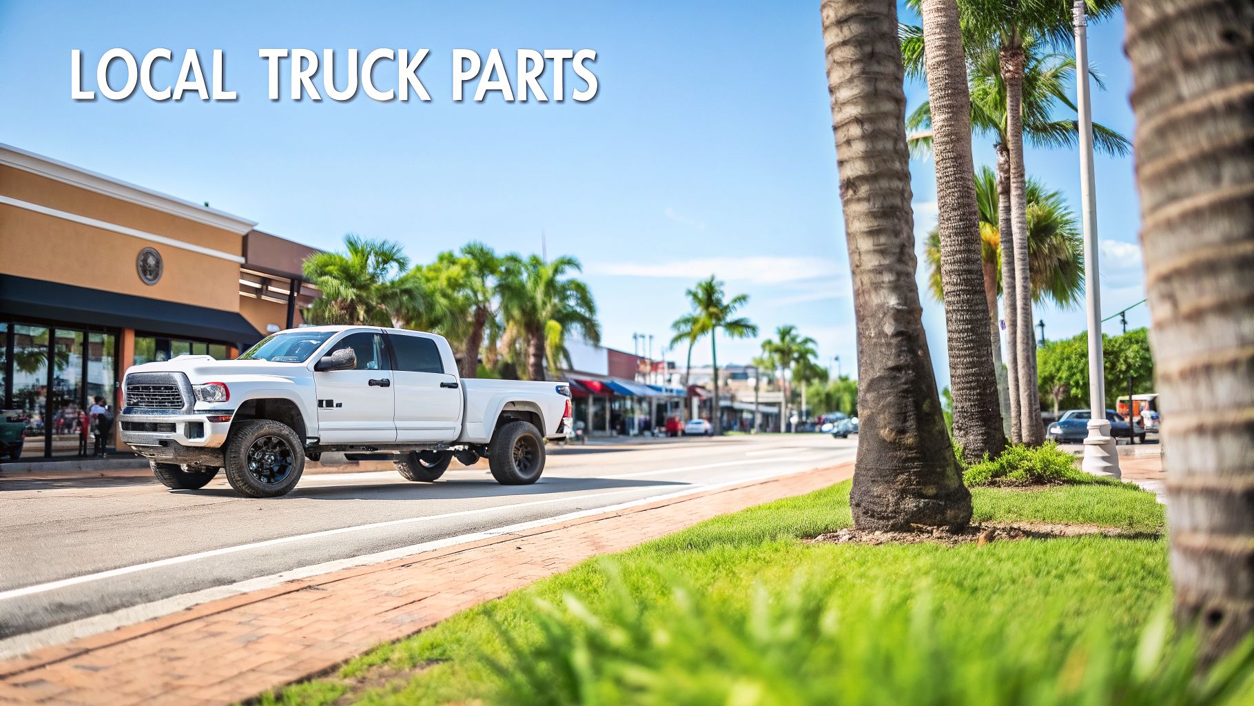 A powerful white lifted pickup truck drives down a sunny street lined with palm trees and shops, promoting 'LOCAL TRUCK PARTS'.