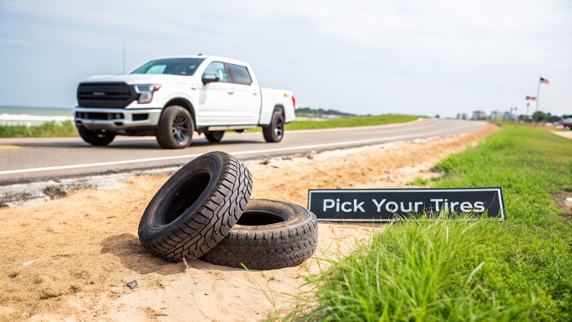 Two all-terrain tires resting on sand beside a road, with a white pickup truck and 'Pick Your Tires' sign.