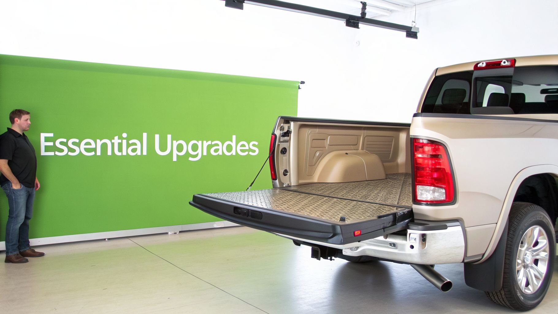 Man next to a tan pickup truck with an open tailgate and textured bed liner, beside a green sign.