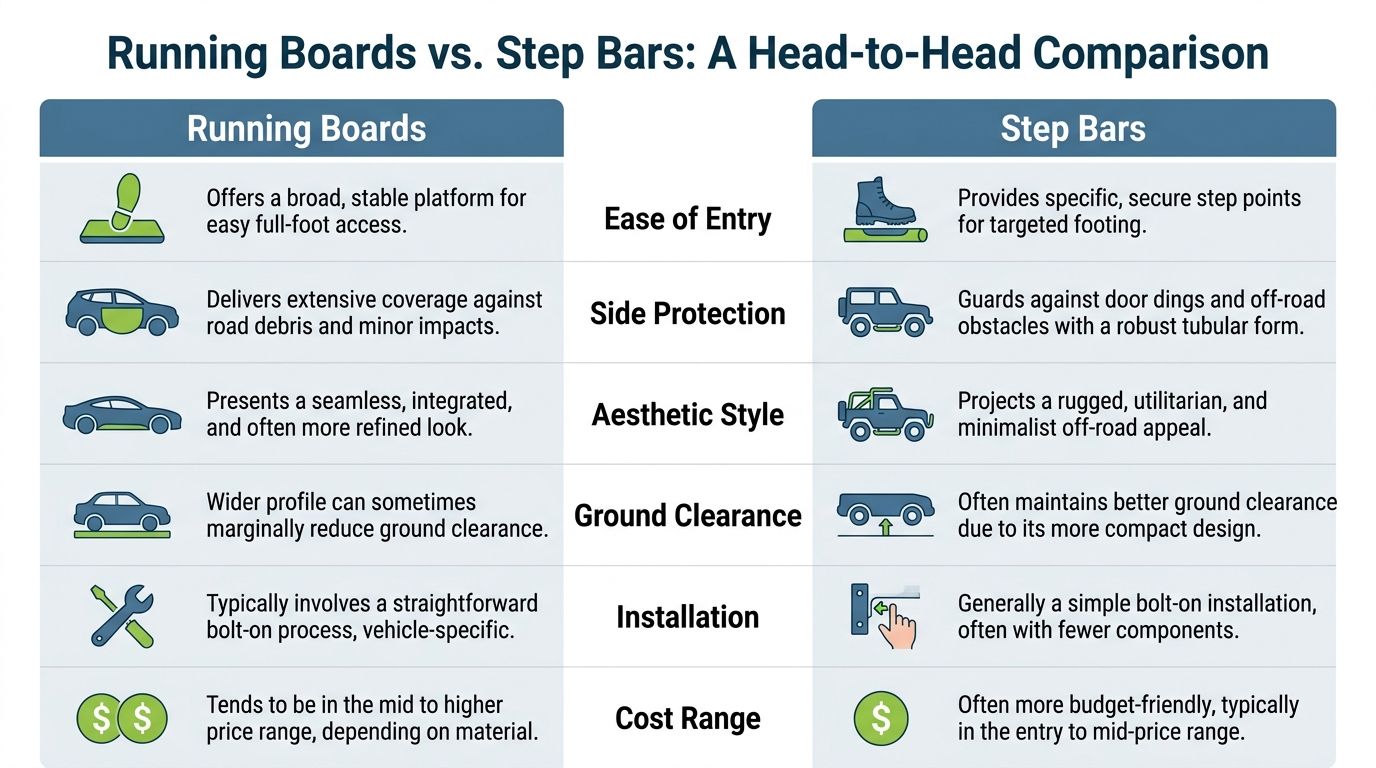 A comparison chart outlining the key differences between running boards and step bars for vehicles.