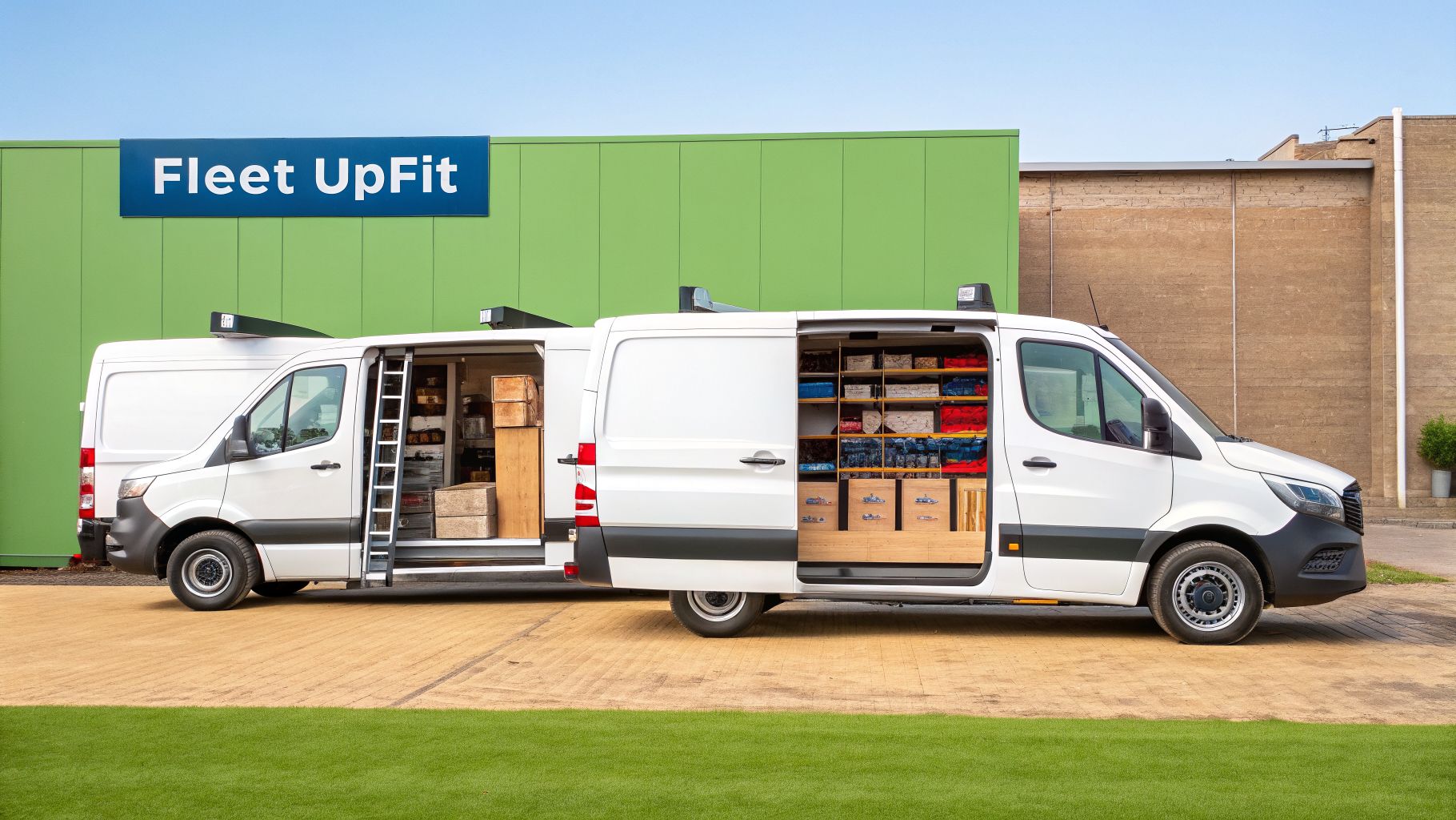 Two white work vans with open side doors revealing organized interior storage solutions.