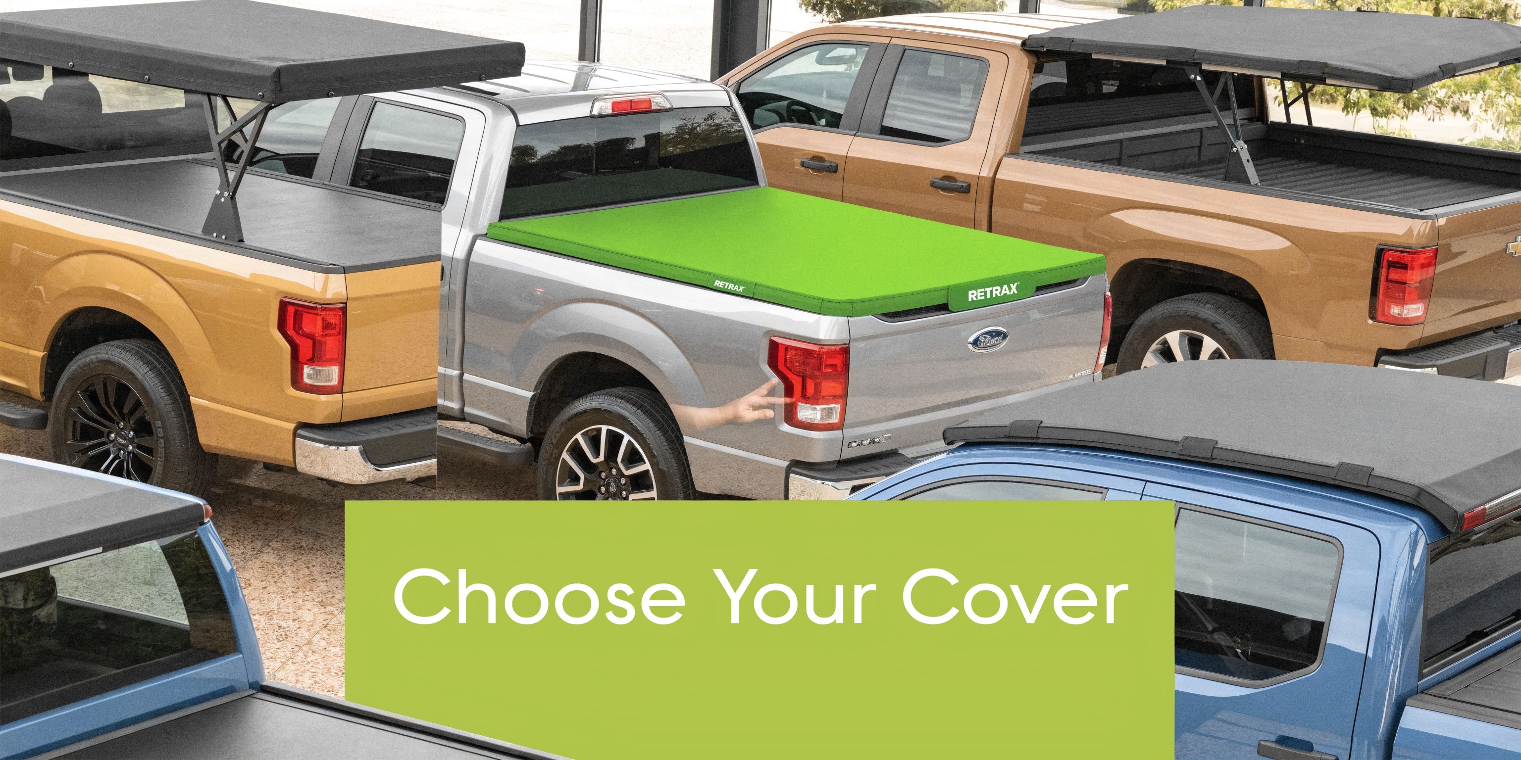 A collage showing various pickup trucks featuring different Retrax retractable tonneau covers in an automotive display.