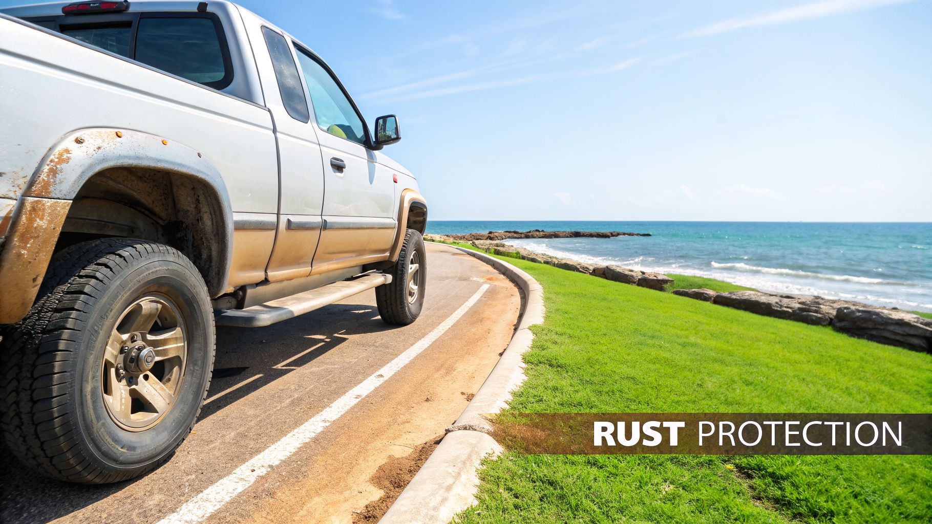 A dirty, rusty silver pickup truck by the ocean, with