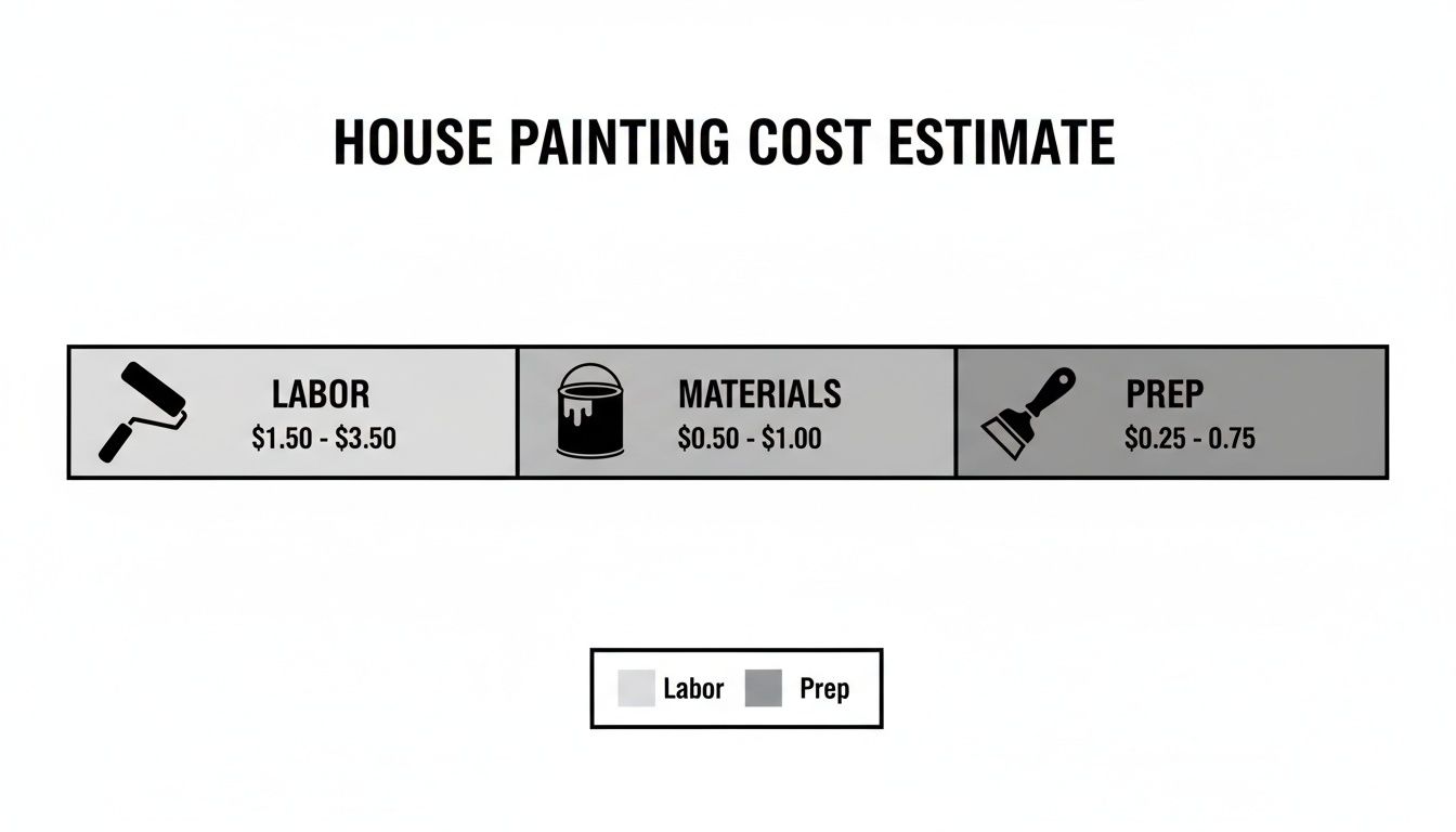 Infographic showing a house painting cost estimate, detailing labor, materials, and prep expenses.