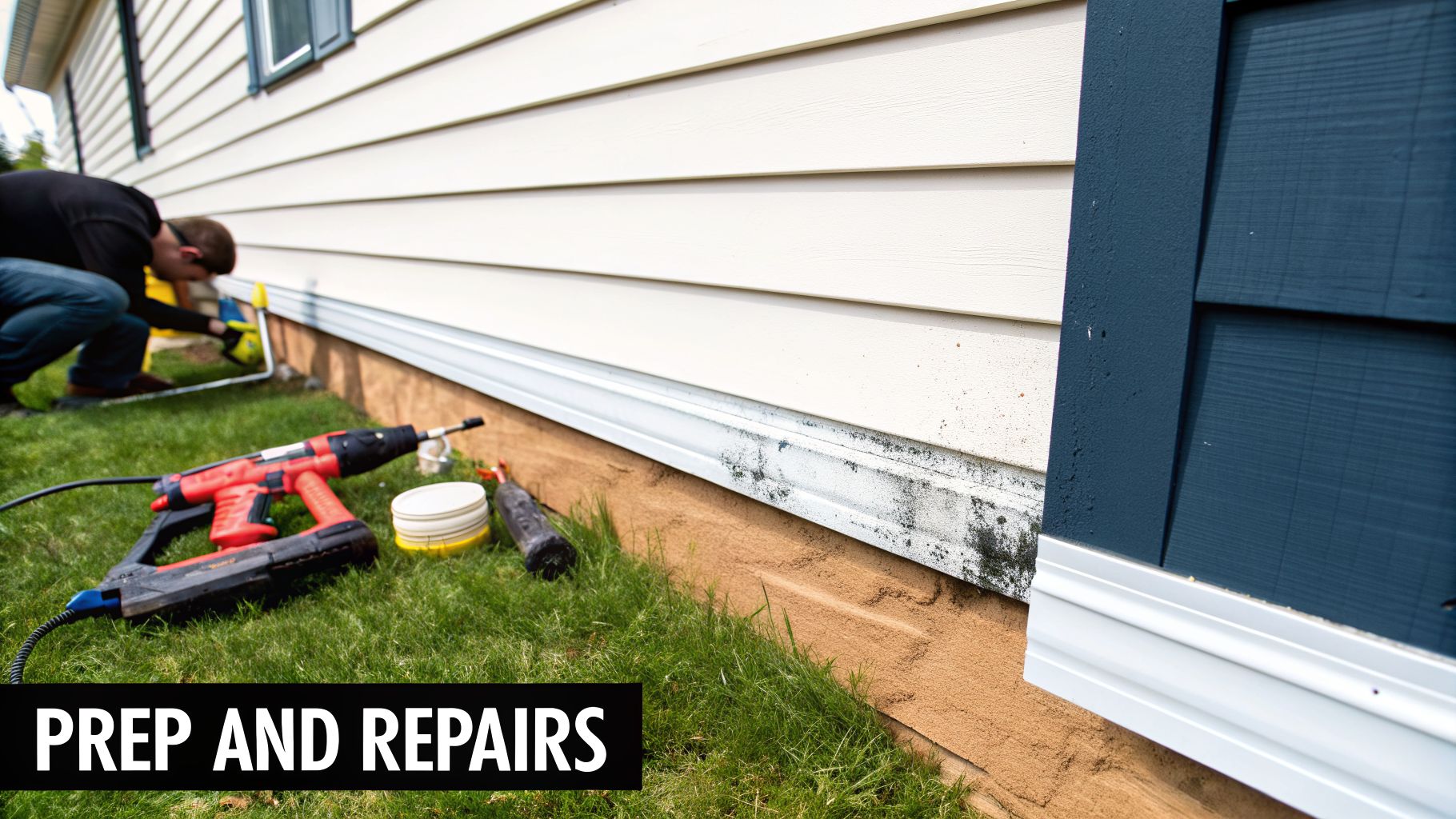 A person is shown prepping and repairing the exterior siding and foundation of a house with tools.