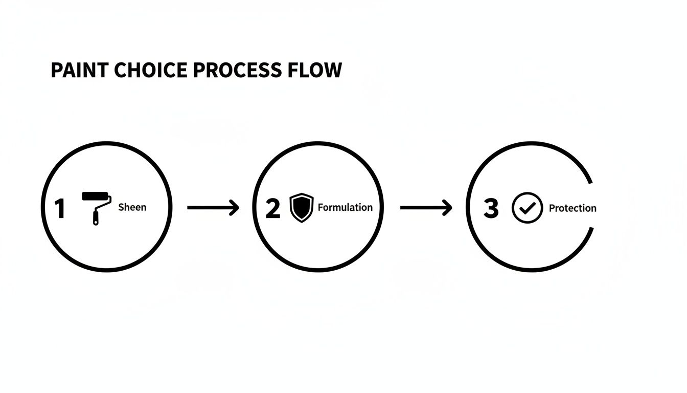 A process flow diagram illustrating three key steps for paint choice: Sheen, Formulation, and Protection.