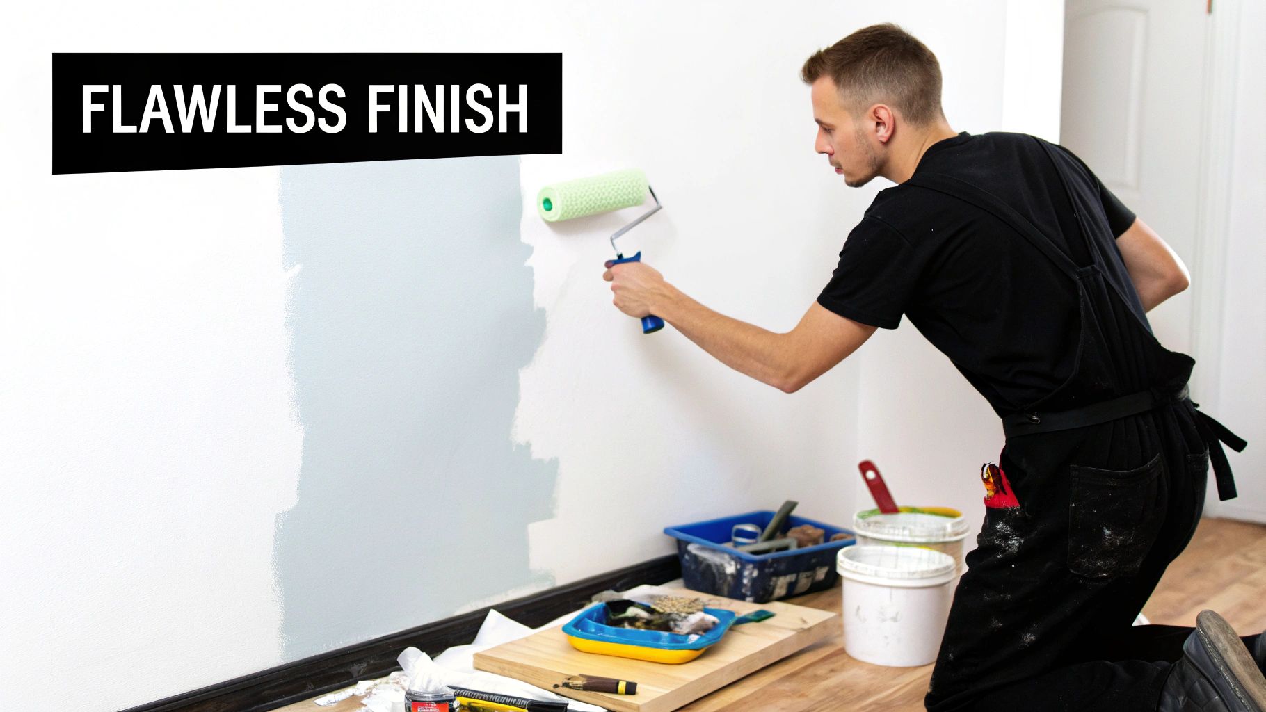 A man wearing black overalls uses a paint roller to apply light blue paint to a white wall.