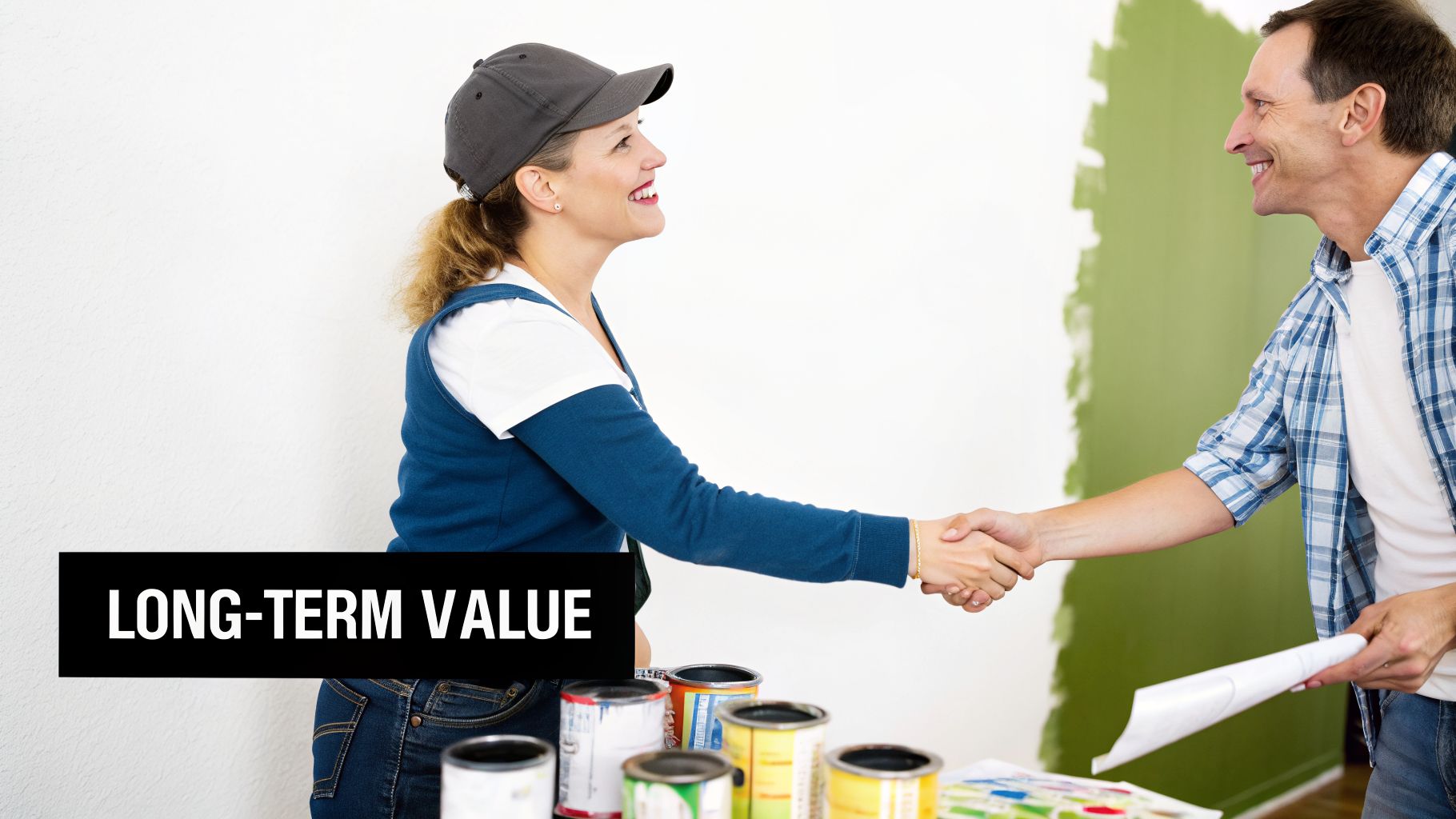Smiling woman and man shaking hands in a room with a partially painted green wall.