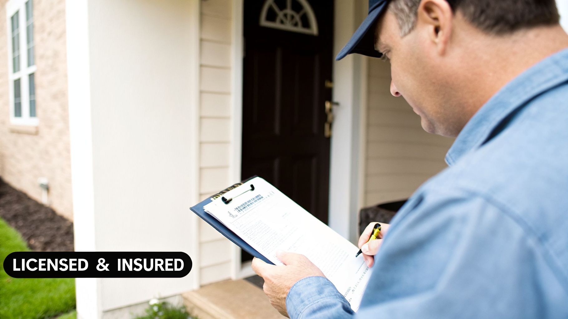 A service technician in a blue uniform fills out paperwork on a clipboard outside a residential home.