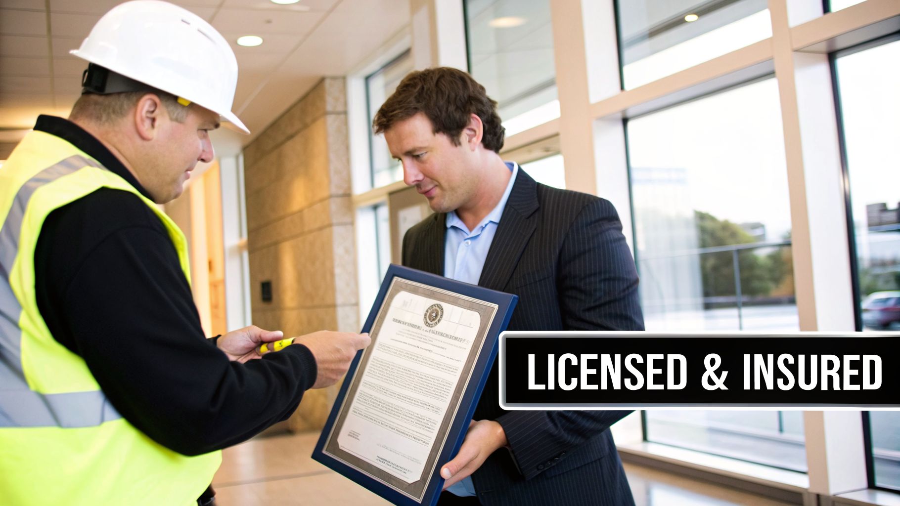 A construction worker and a businessman reviewing a framed license certificate, with text 'LICENSED & INSURED'.