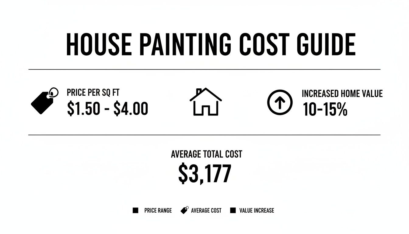 Infographic detailing house painting costs, including price per square foot, average total cost, and potential home value increase.