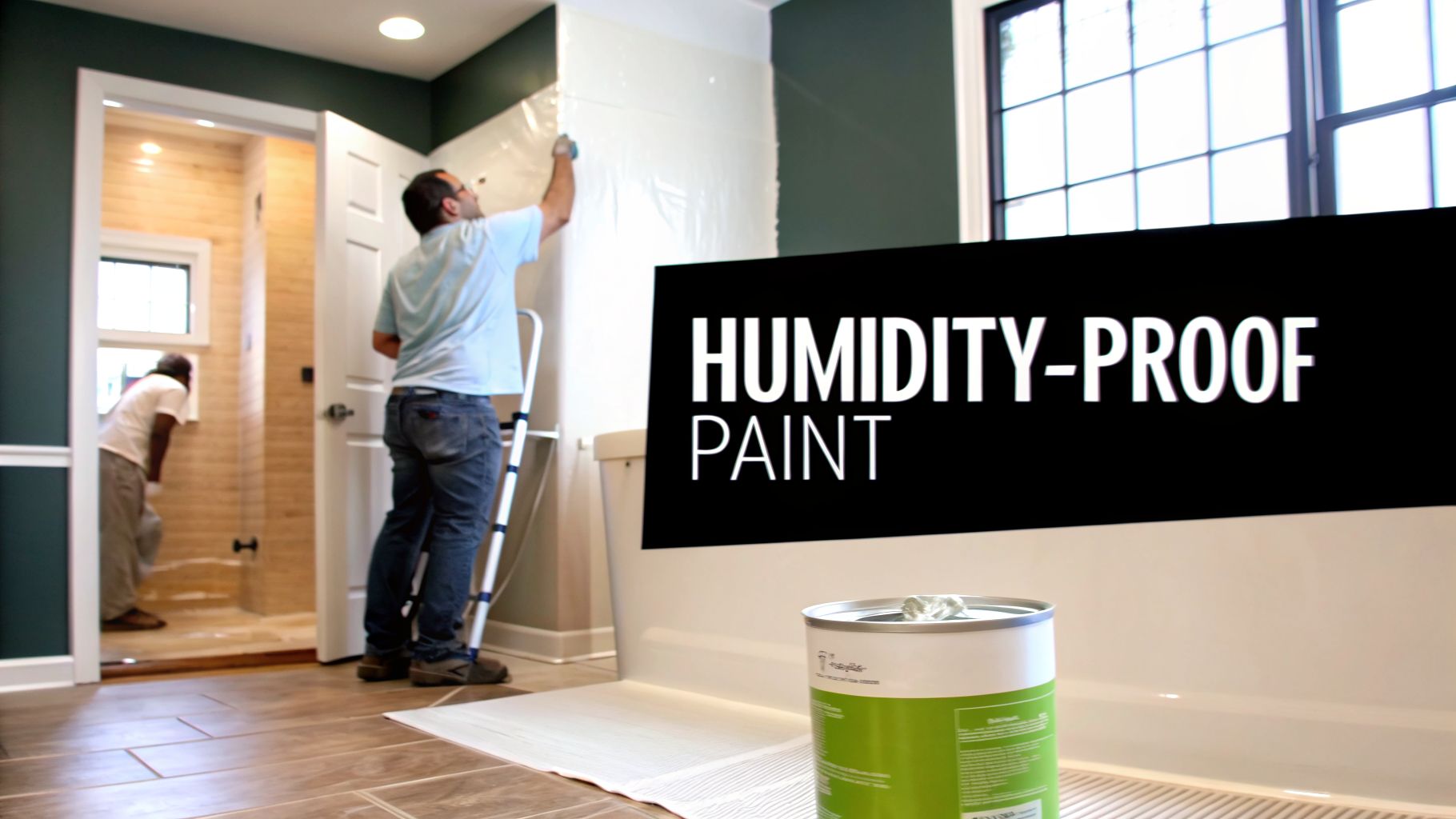 Two men preparing a bathroom for painting, with a can of humidity-proof paint in the foreground.
