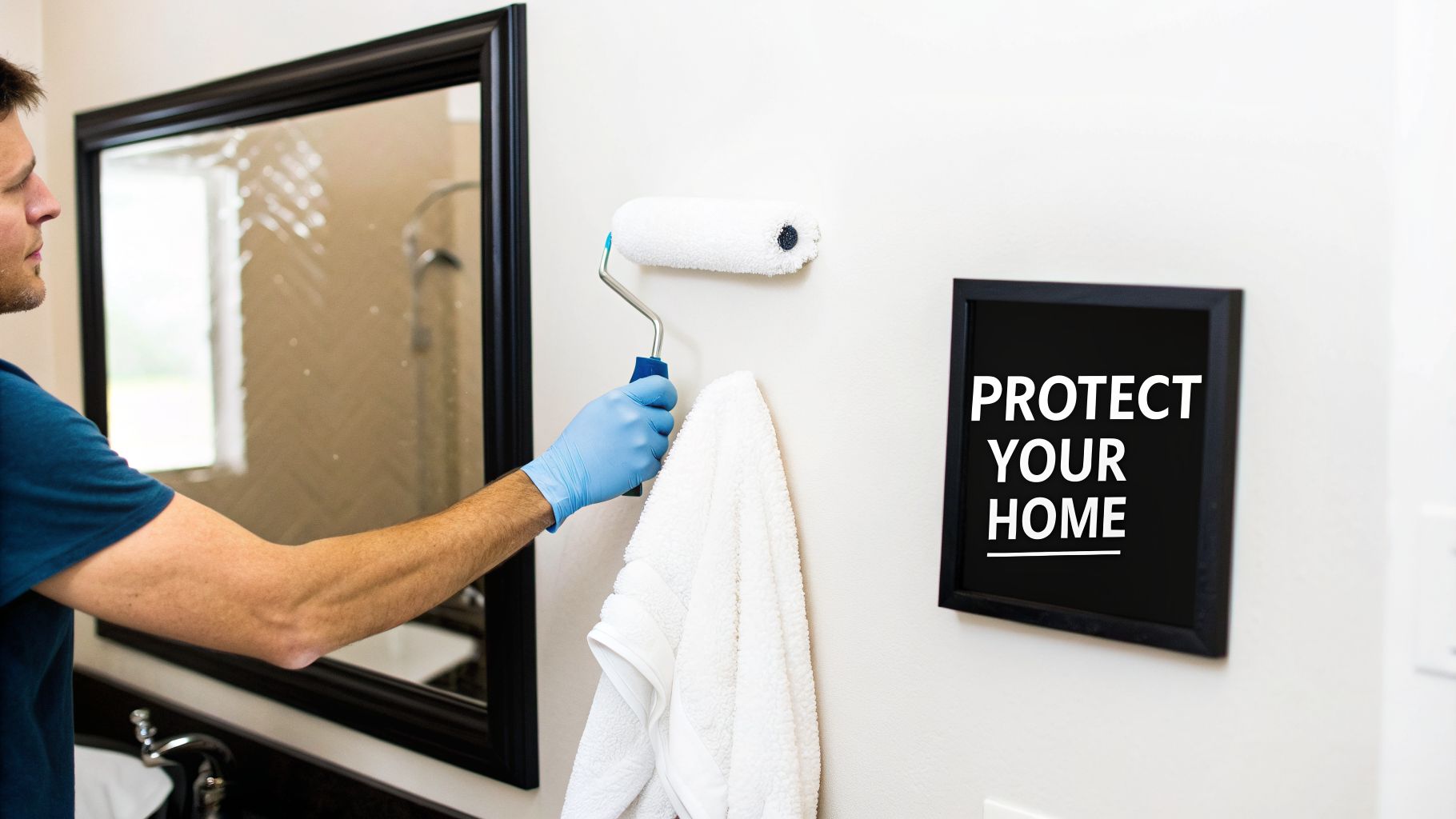 Person in blue gloves painting a wall with a roller next to a mirror and 'PROTECT YOUR HOME' sign.