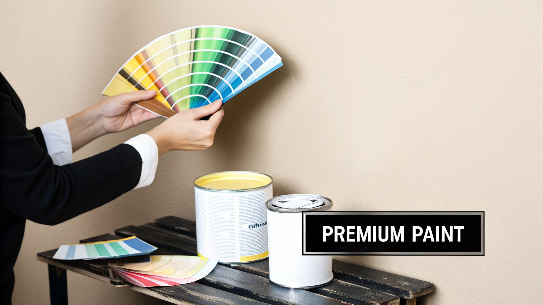 A person holds a color palette fan, choosing paint colors for home renovation with paint cans.