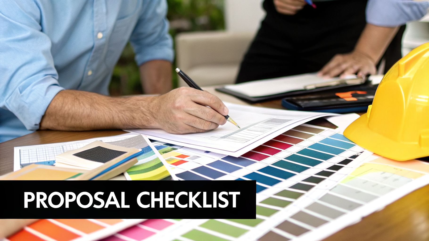 A person works on design plans with color swatches, documents, and a hard hat on a table.