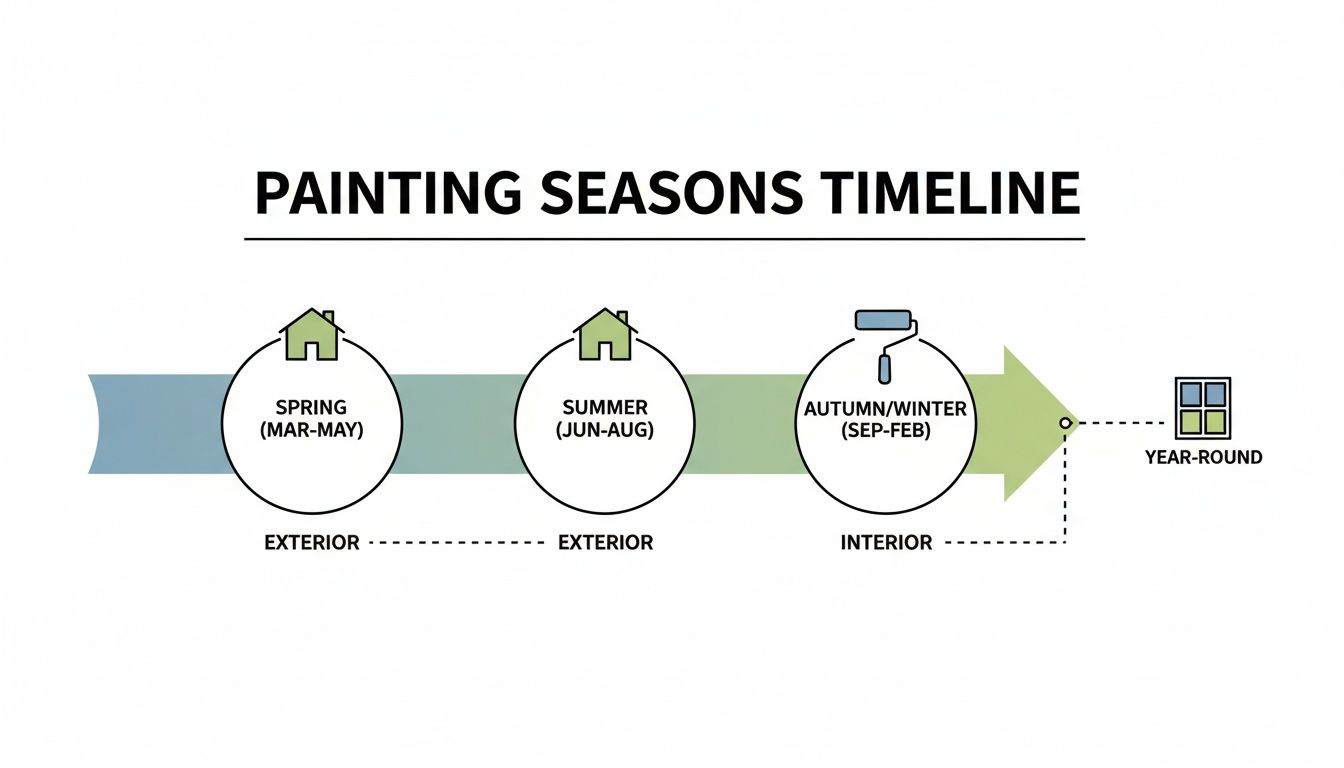 A painting seasons timeline graphic showing exterior painting in spring/summer and interior in autumn/winter, with year-round options.