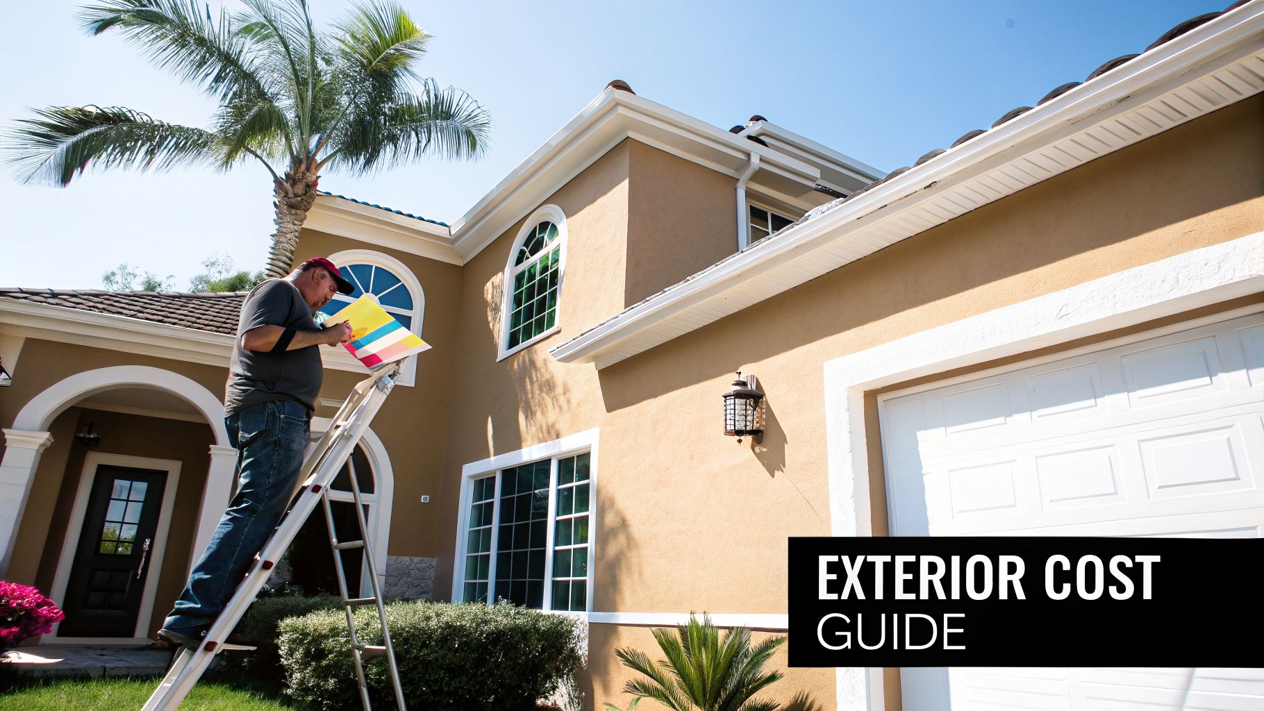 Man on a ladder holding color swatches against a tan house, evaluating exterior paint options.
