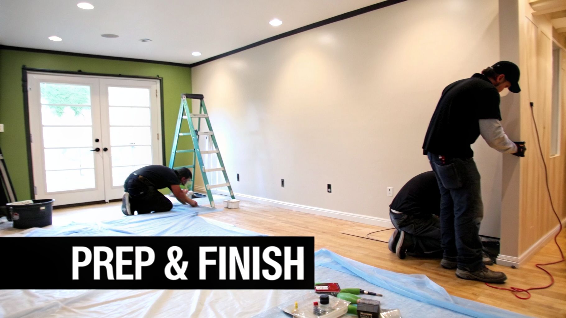 Contractors preparing and finishing a room, showing painting, floor protection, and tools during renovation.