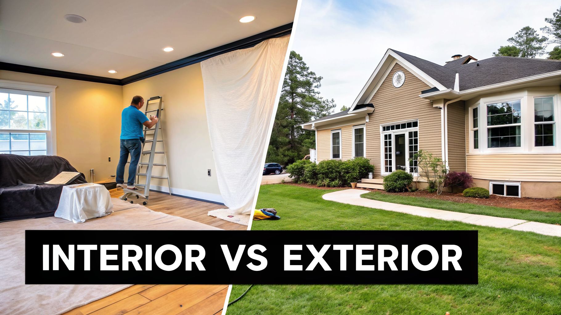 Split image showing a man painting an interior wall and the exterior of a house with a lawn.