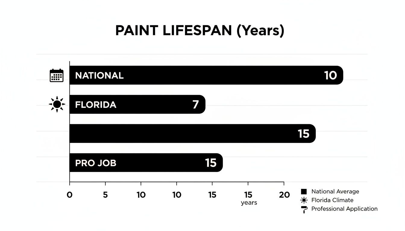 Bar chart showing paint lifespan: National 10 years, Florida 7 years, and Pro Job 15 years.