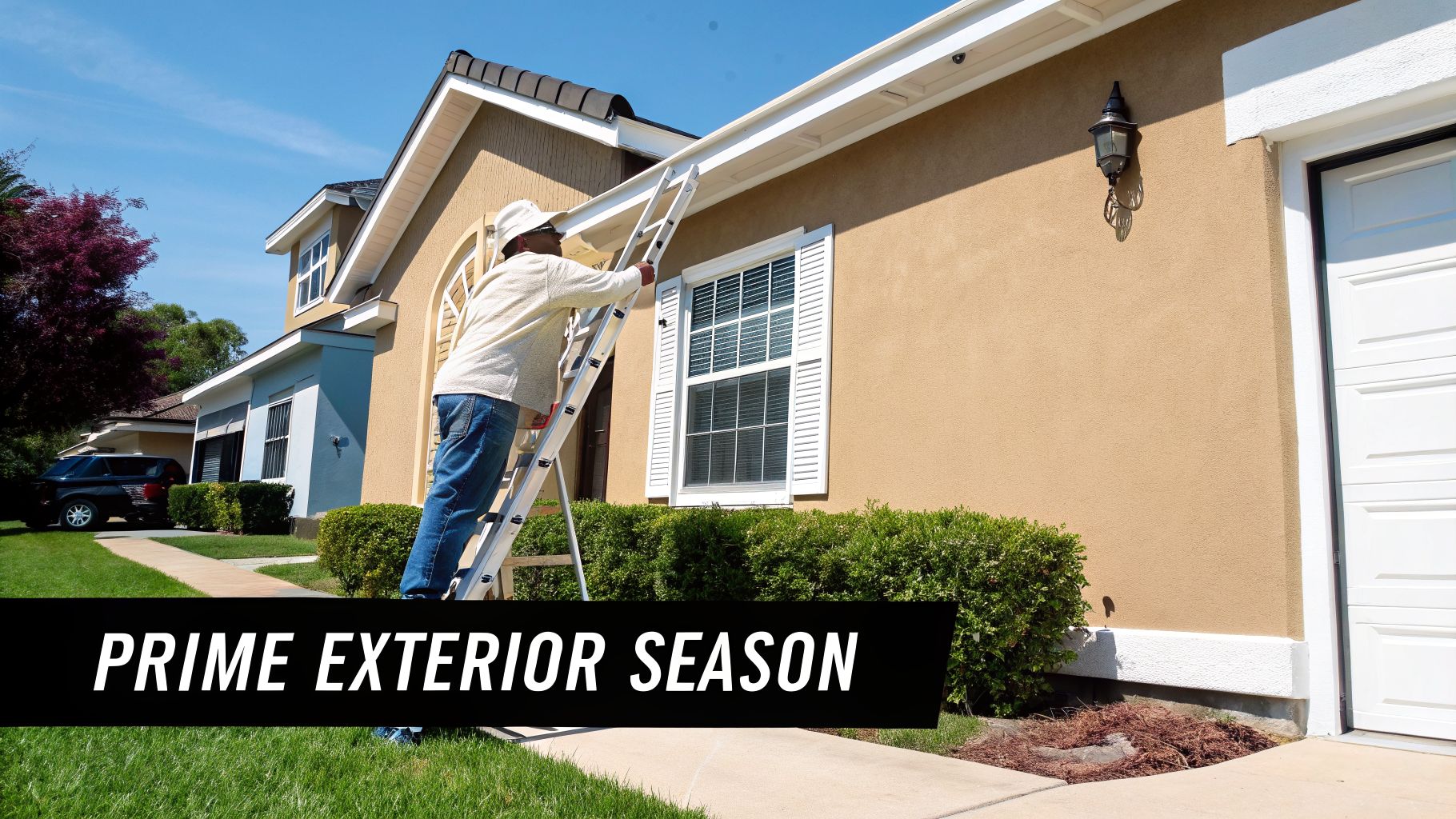 A person on a ladder performing exterior home maintenance on a tan house under a blue sky.
