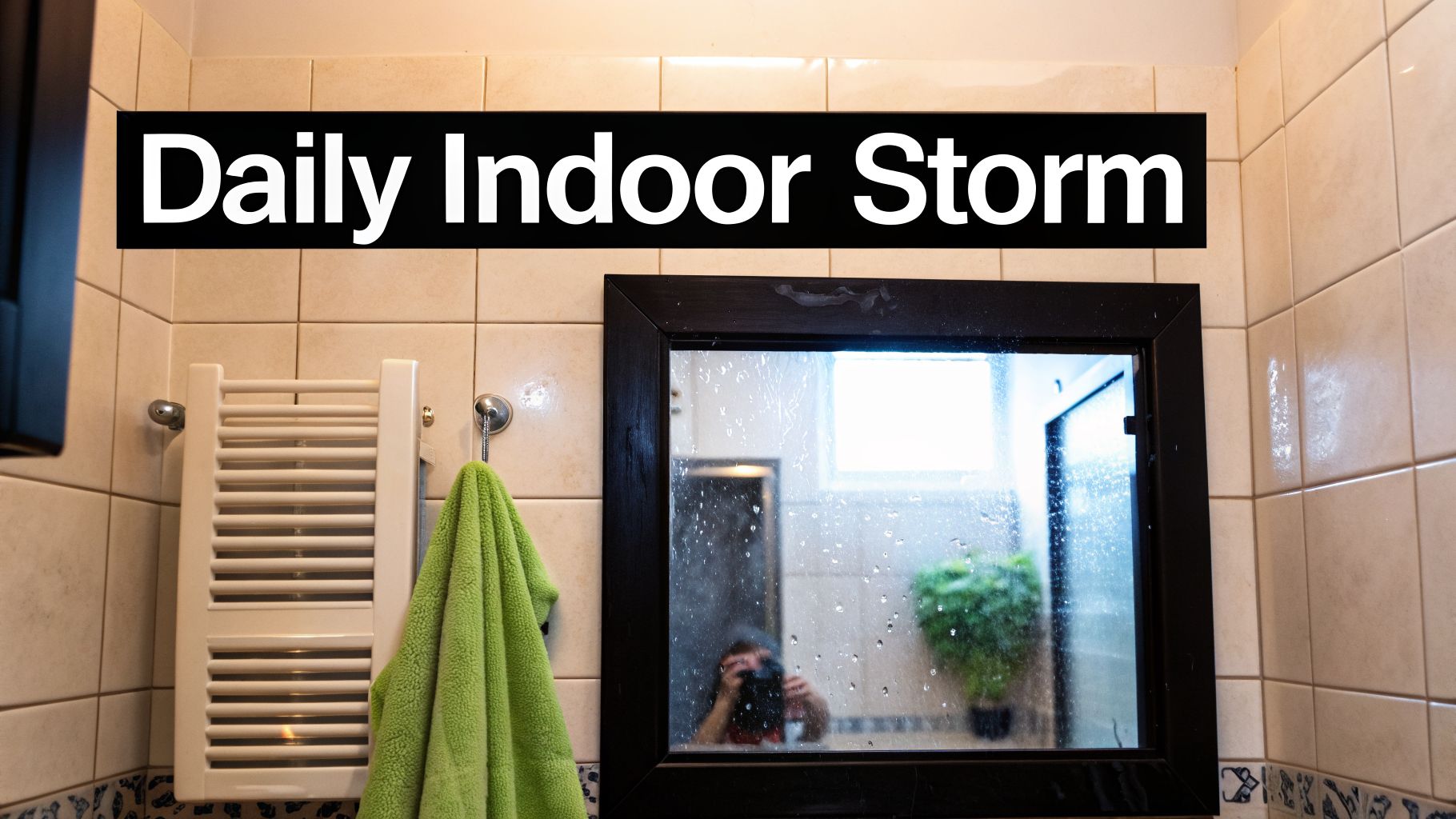 Steamy bathroom mirror with water droplets, reflecting a photographer, next to a towel warmer and green towel.